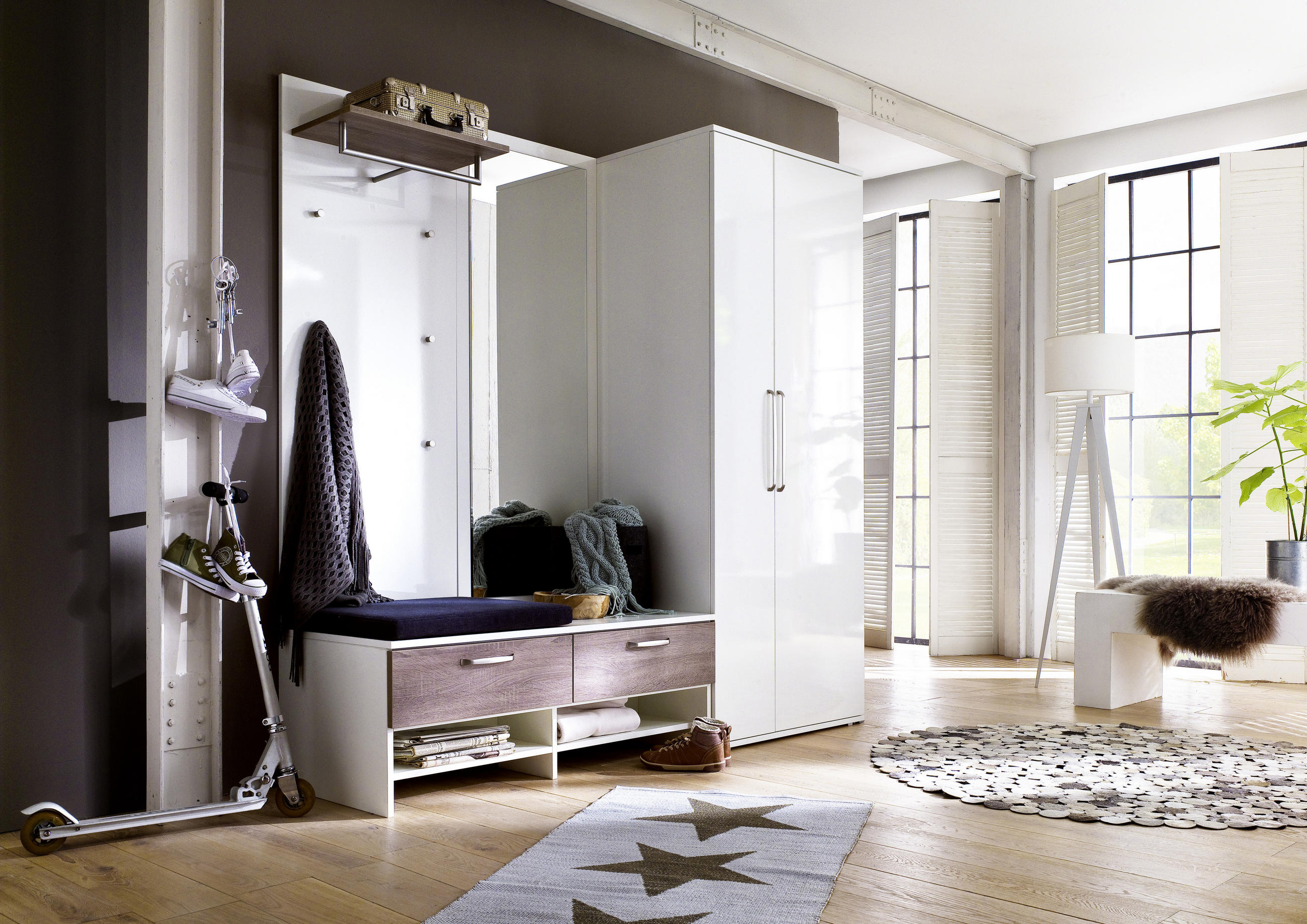 GARDEROBE 5-teilig  in 202/201/56 cm  - Weiss/Eichefarben, Design, Glas/Holzwerkstoff (202/201/56cm) - Moderano