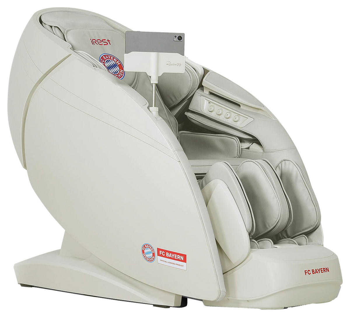 MASSAGESESSEL FC BAYERN MÜNCHEN  mit Lederlook Weiß, Beige integrierte Lautsprecher, Relaxfunktion, Liegefunktion, Sitzheizung, Netzbetrieb, Massagefunktion, Herz-Waage-Funktion, integrierter Akku, abwischbar, ausziehbare Fußstütze, Bluetooth-Lautsprecher, Rückenlehne in S-Form  - Beige/Weiß, KONVENTIONELL, Kunststoff/Textil (86/130/169-190cm) - Welnova