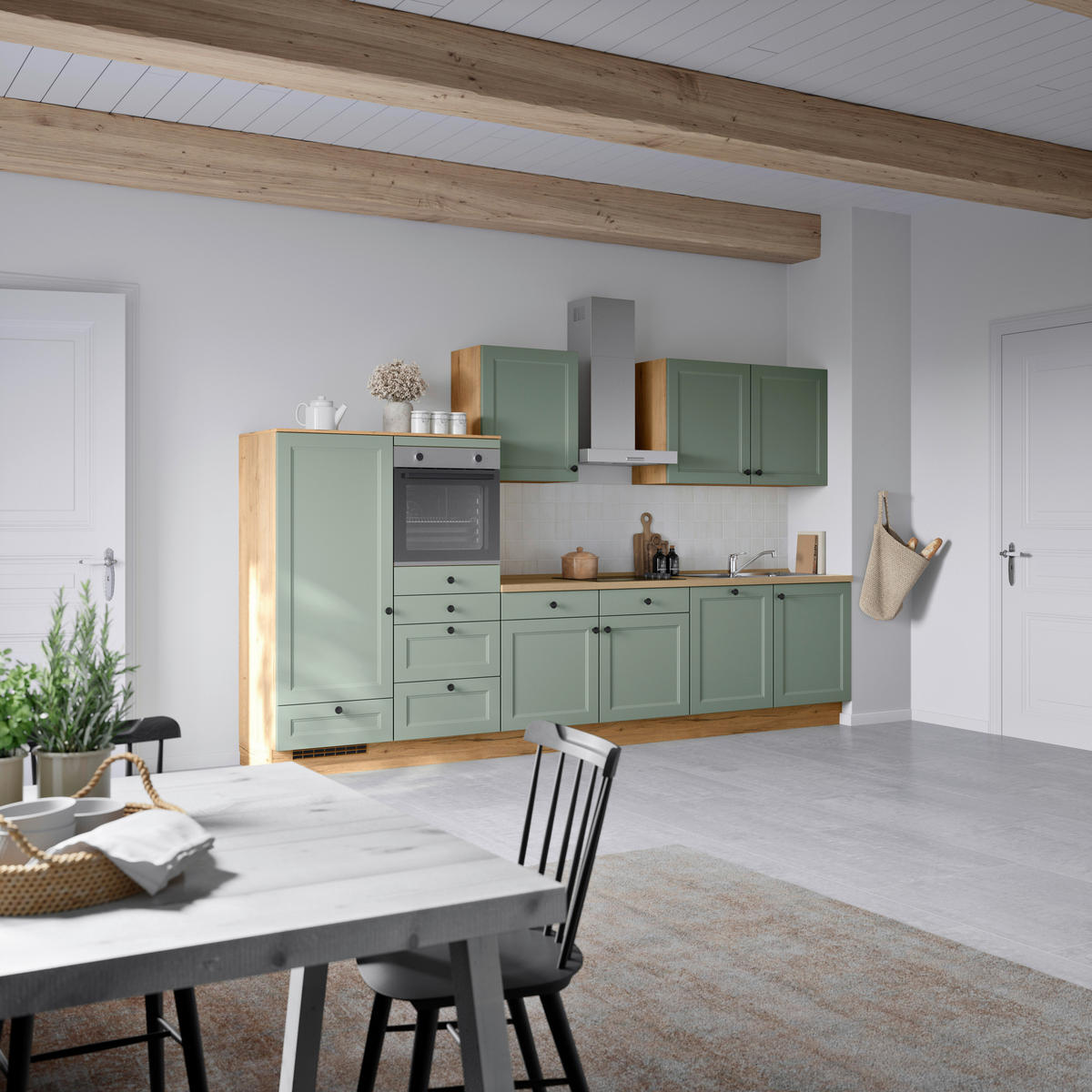 KÜCHENBLOCK Cascada 360 cm  in Grün, Eichefarben  - Eichefarben/Schwarz, MODERN, Holzwerkstoff/Metall (360cm) - Nobilia