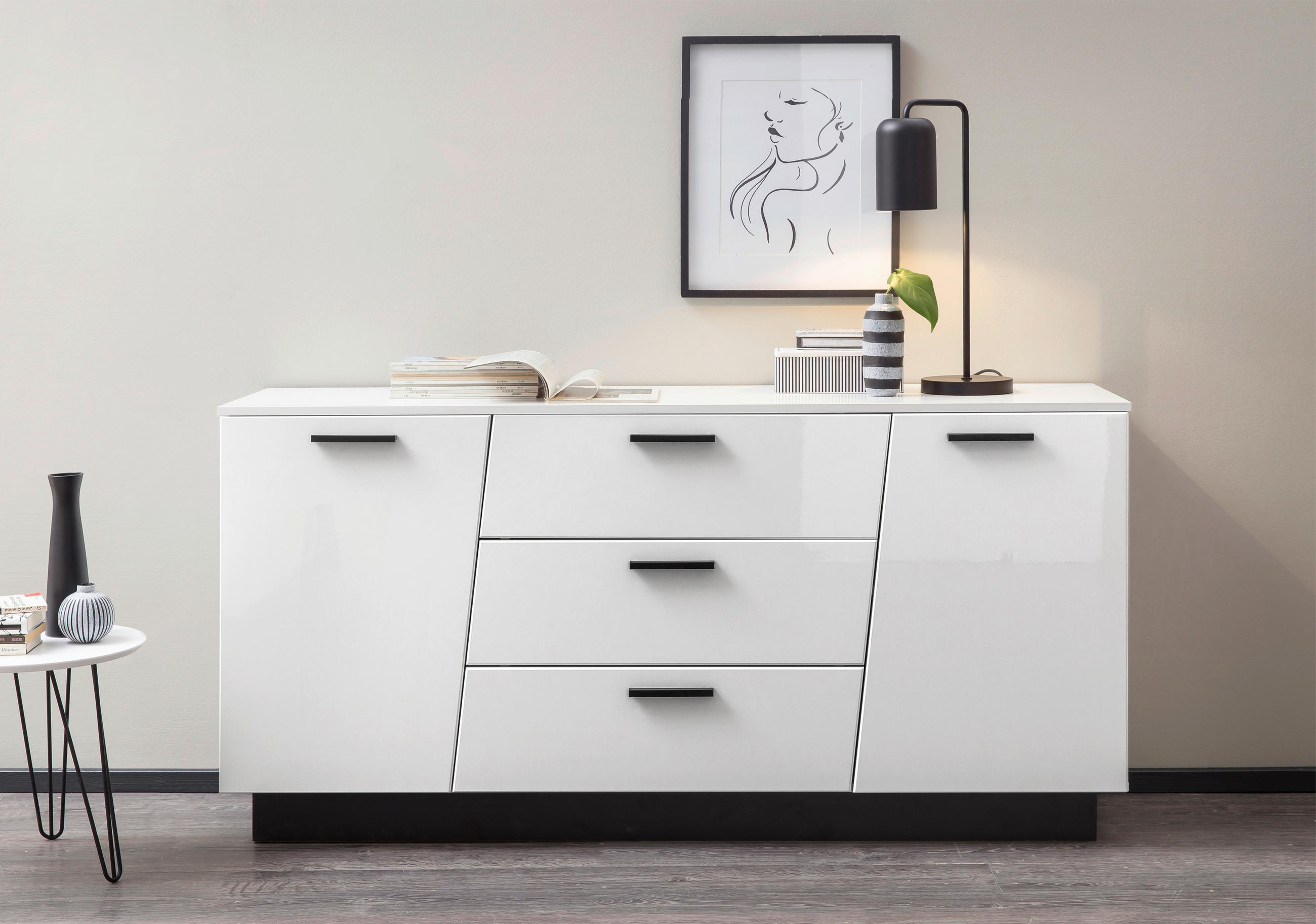 ŠIROKÁ KOMODA, černá, vysoce lesklá bílá, 160/80/43,6 cm - bílá/černá, Lifestyle, kompozitní dřevo/plast (160/80/43,6cm) - Livetastic