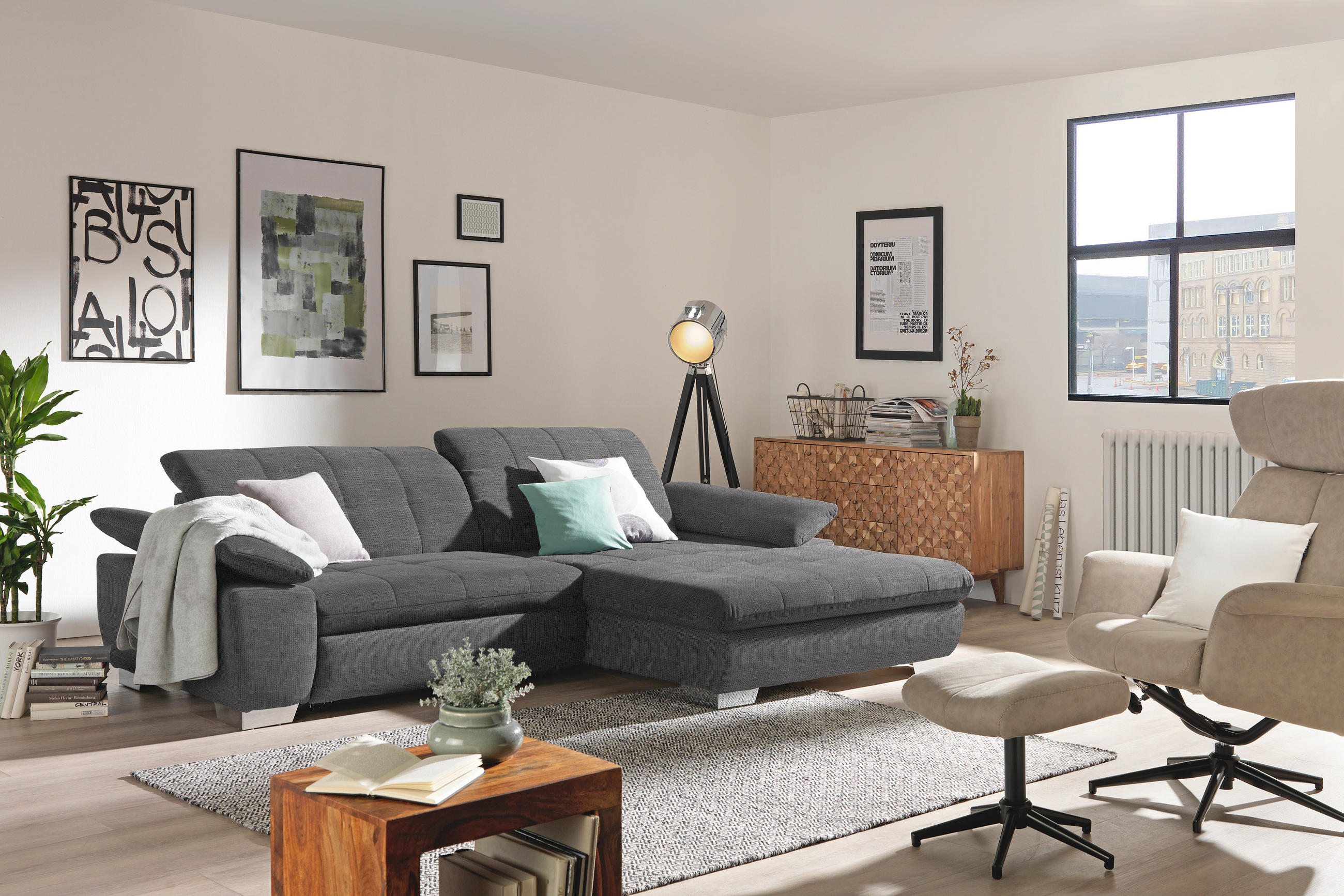 ECKSOFA in Mikrofaser Dunkelgrau  - Chromfarben/Dunkelgrau, Design, Textil/Metall (265/180cm) - Carryhome
