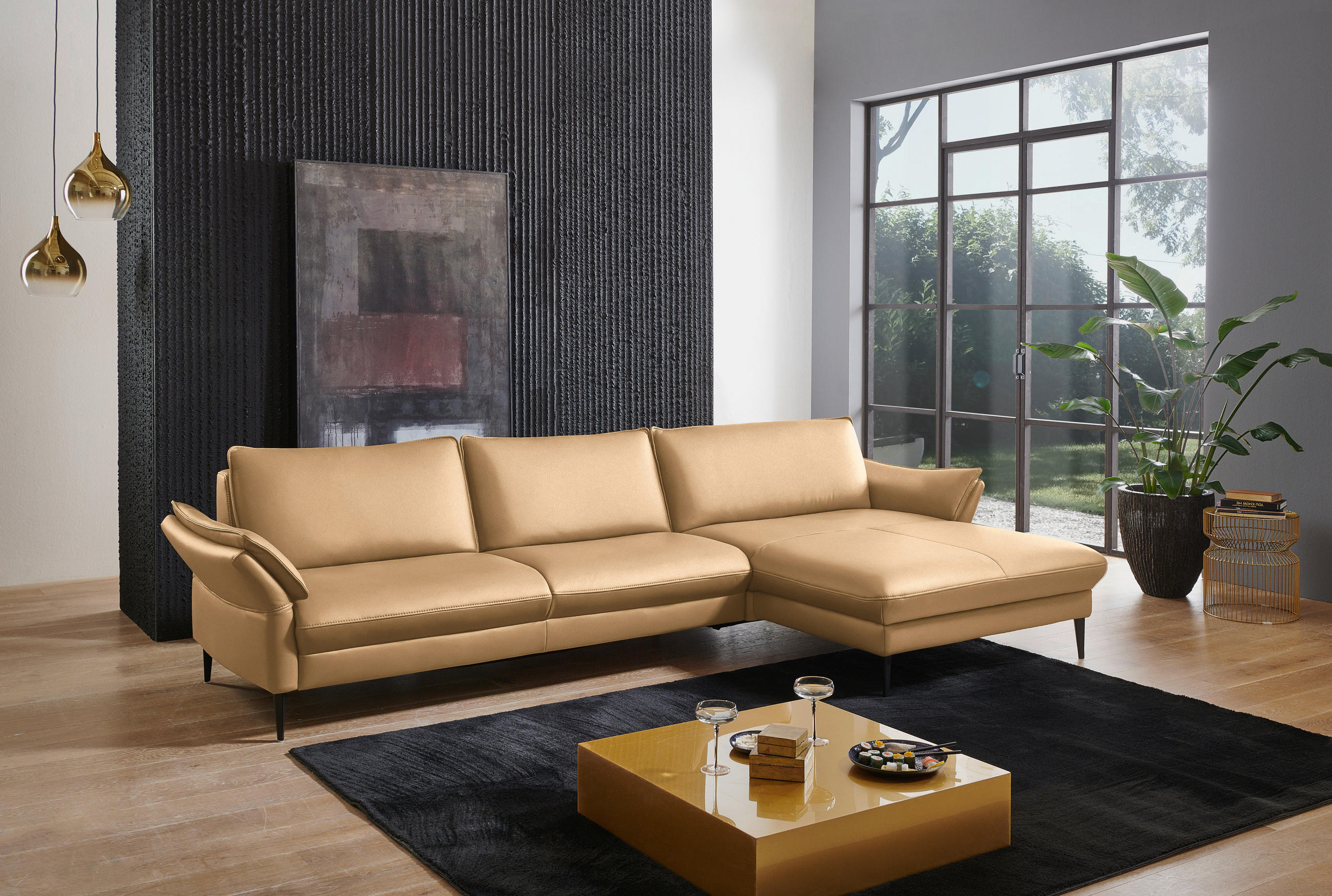 ECKSOFA in Echtleder Honig  - Schwarz/Honig, Design, Leder/Metall (334/172cm) - Valdera