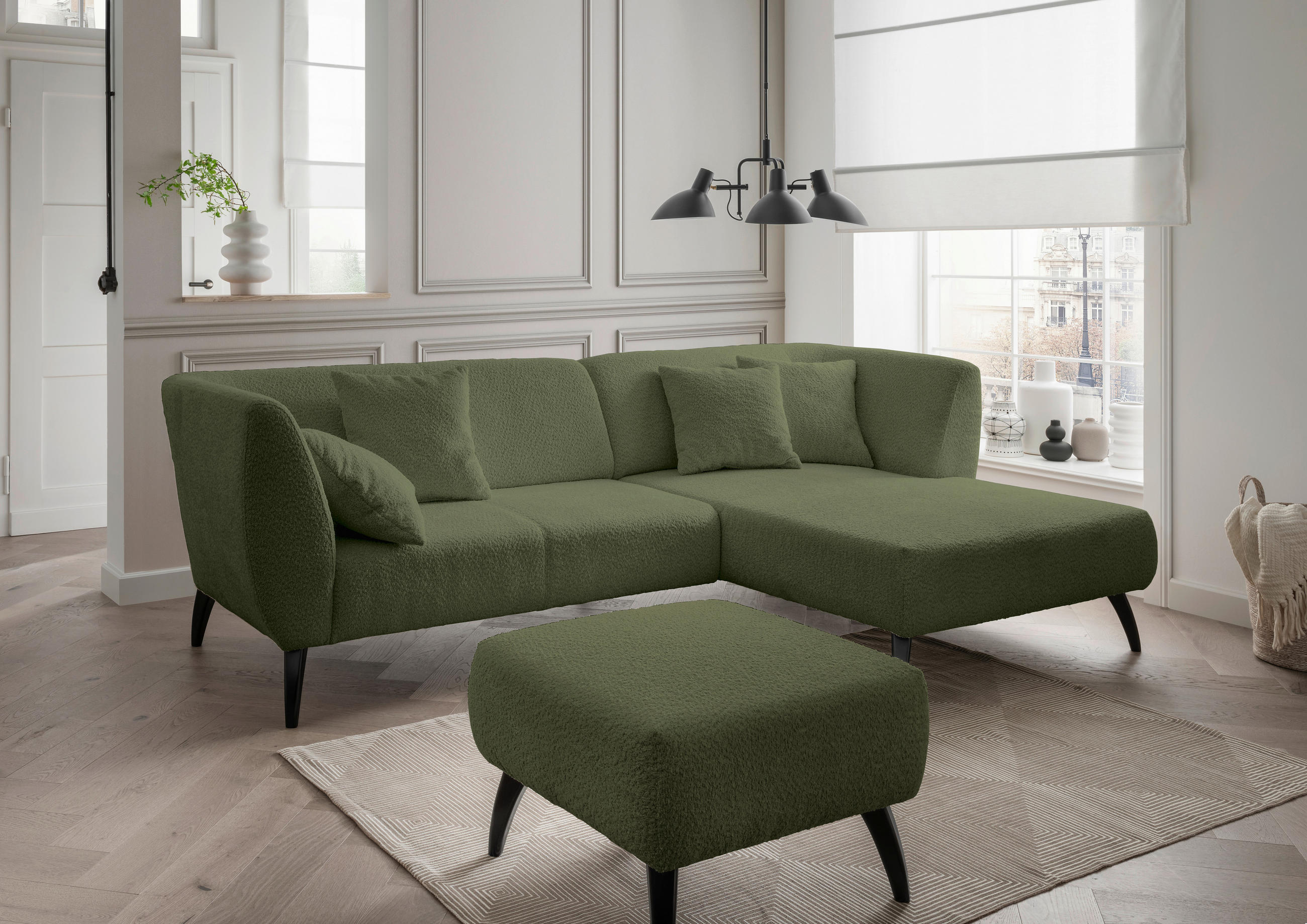 ECKSOFA Dunkelgrün Bouclé  - Dunkelgrün/Schwarz, MODERN, Holz/Textil (264/160cm) - MID.YOU