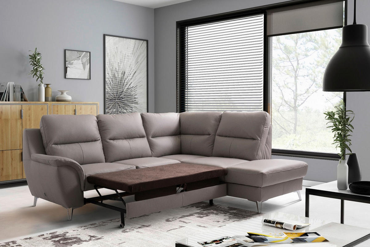 SJEDEĆA GARNITURA tekstil, koža  sivo-smeđa   - sivo-smeđa/boje kroma, Moderno, koža/tekstil (246/99/200cm) - Celina Home