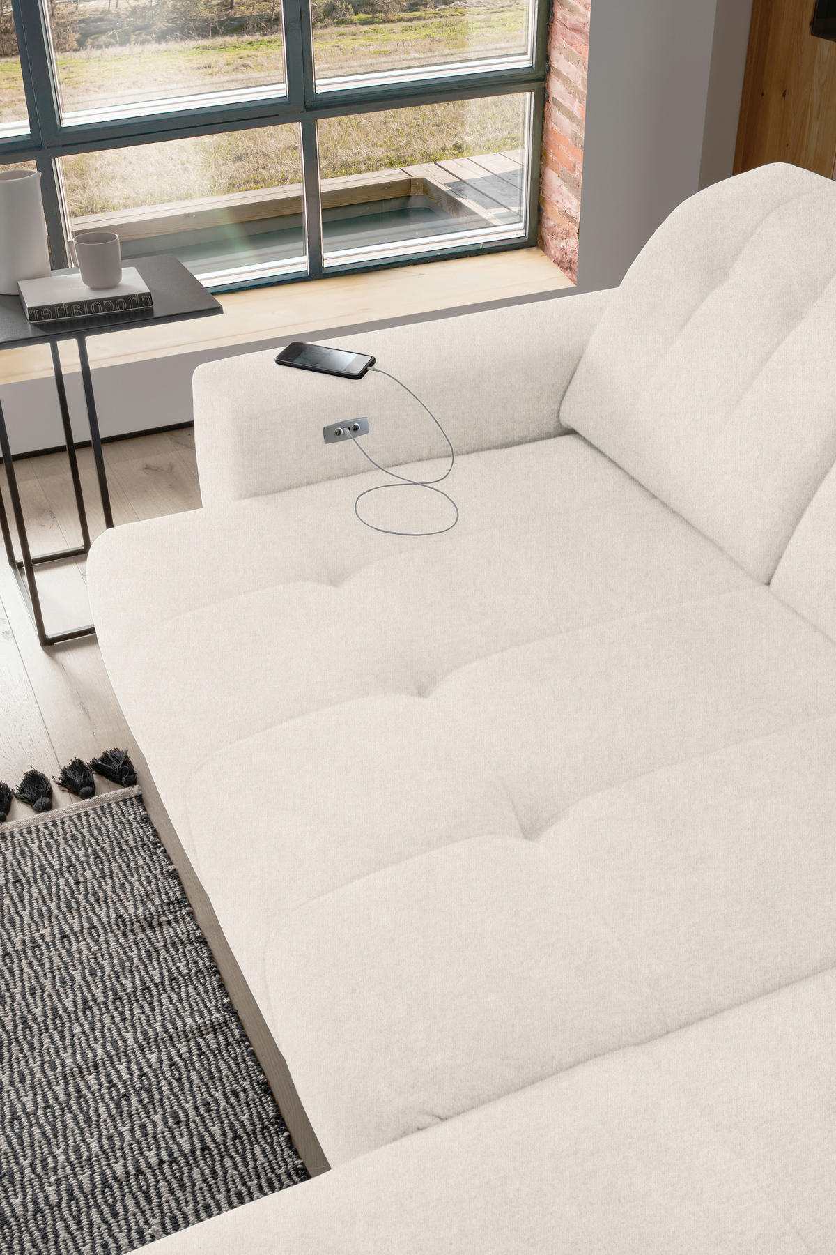 ECKSOFA Creme Mikrofaser  - Creme/Schwarz, MODERN, Textil/Metall (258/180cm) - Livetastic