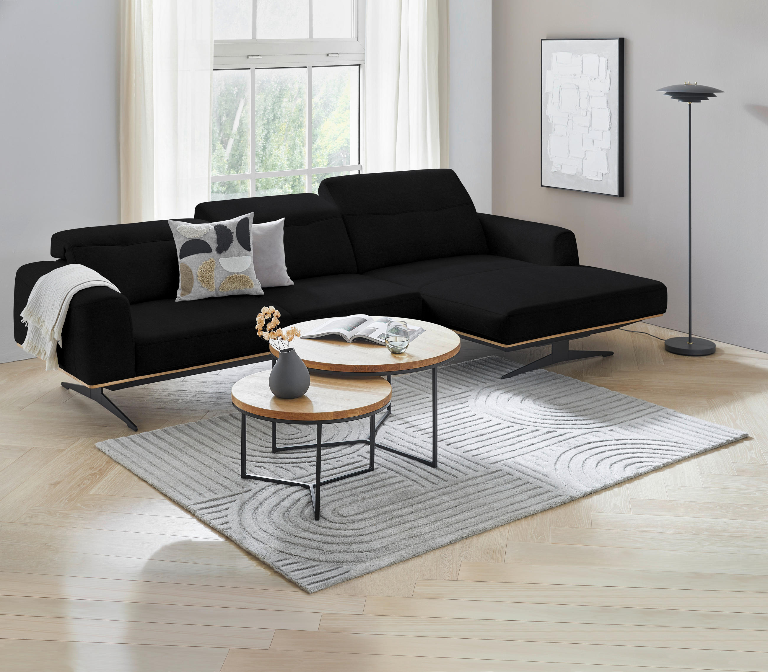ECKSOFA in Echtleder Schwarz  305/163 cm  - Eichefarben/Schwarz, Design, Leder/Holz (305/163cm) - Novel