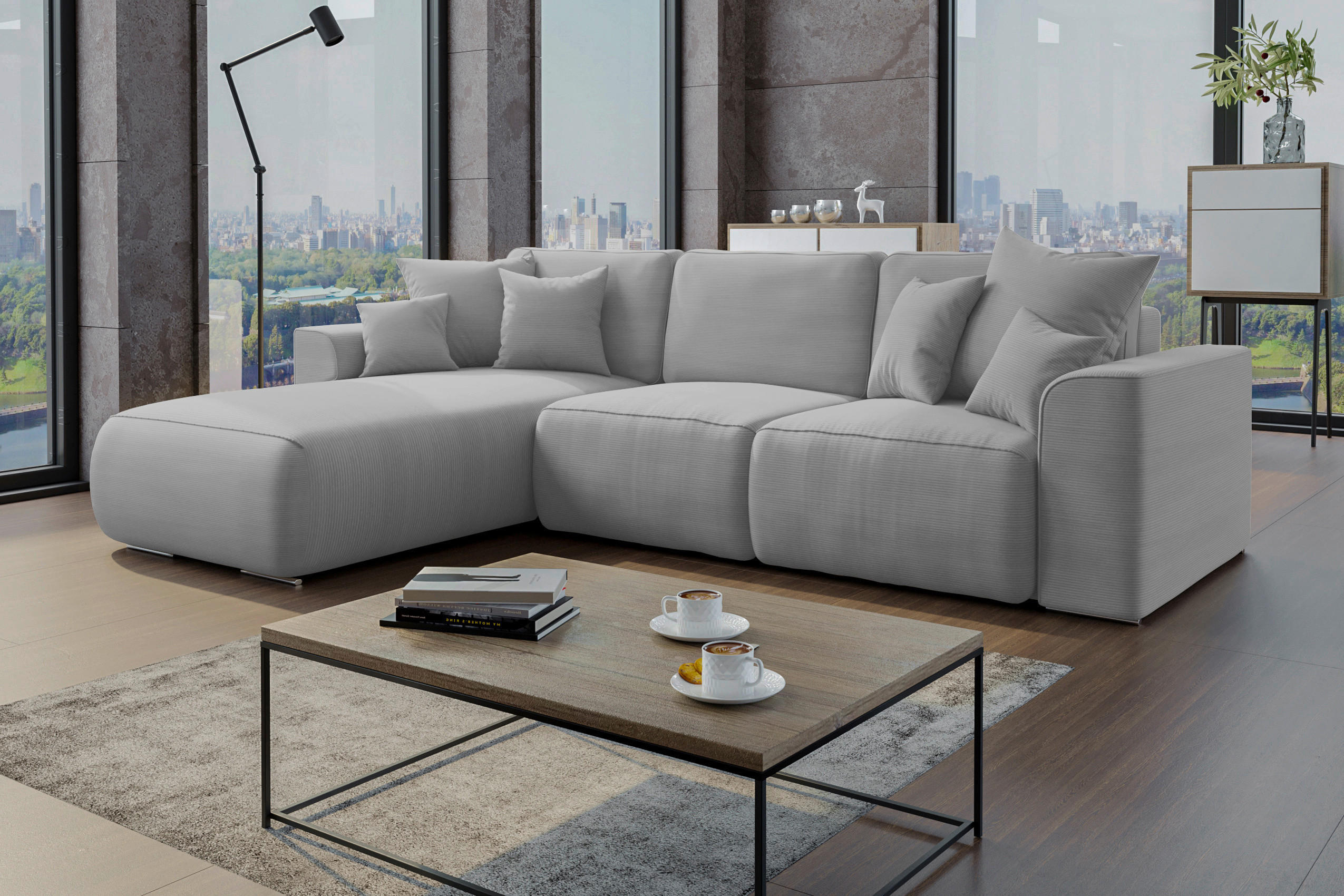 ECKSOFA in Cord Grau  - Chromfarben/Grau, Konventionell, Kunststoff/Textil (195/293cm) - MID.YOU
