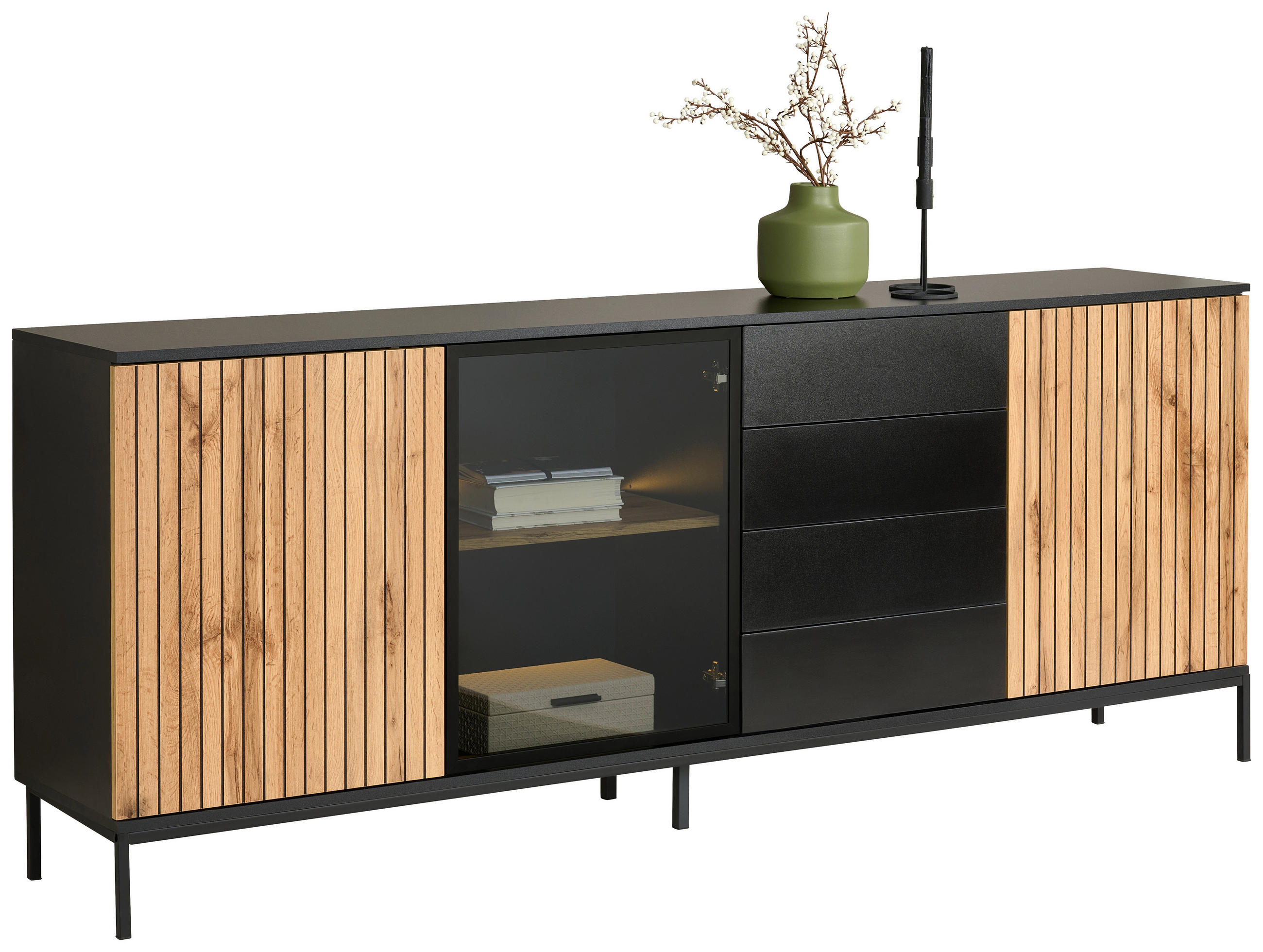 SIDEBOARD  in 205,8/81/38 cm  - Eiche Wotan/Schwarz, KONVENTIONELL, Glas/Holzwerkstoff (205,8/81/38cm) - Xora