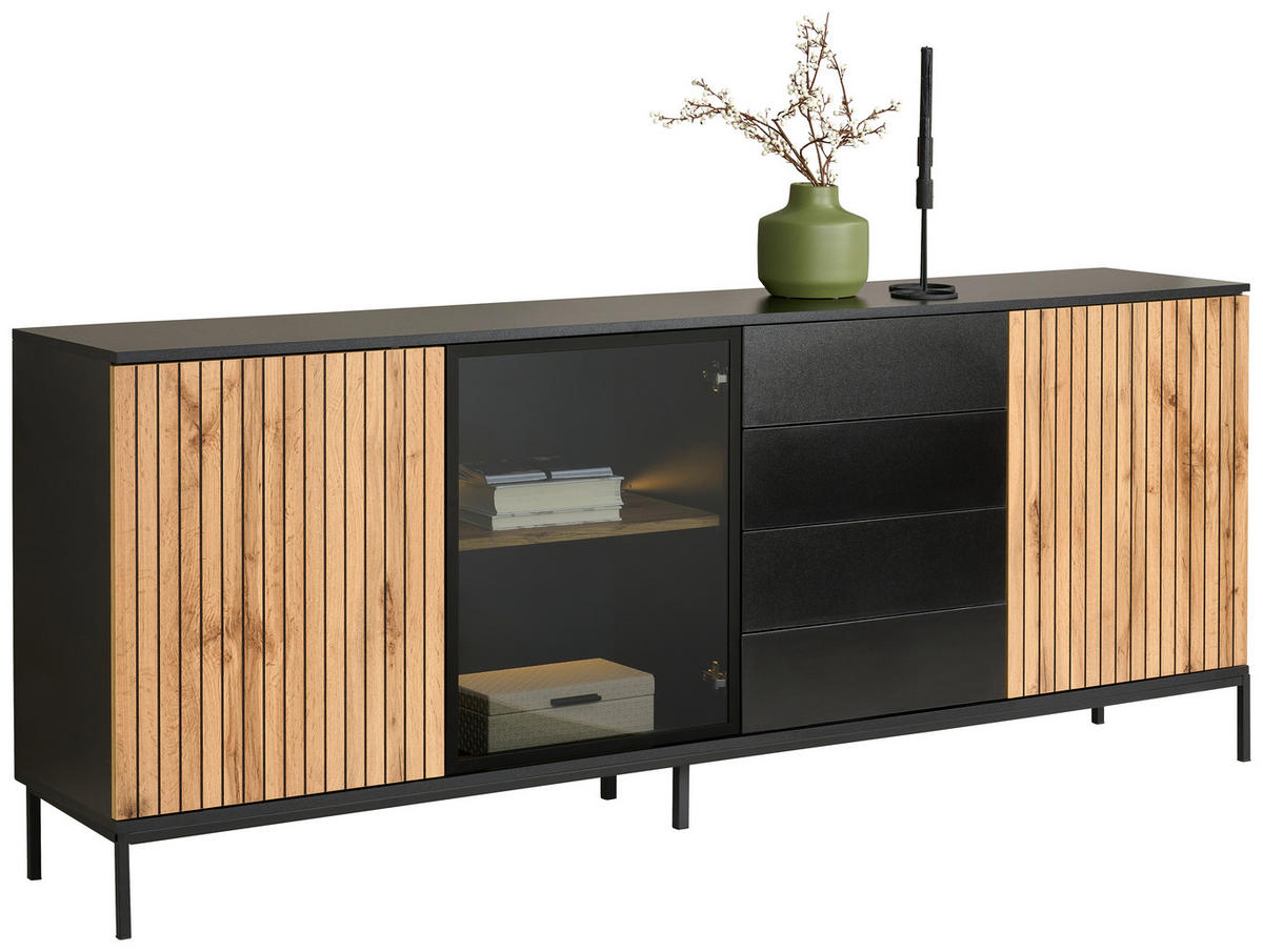 SIDEBOARD  in 205,8/81/38 cm  - Eiche Wotan/Schwarz, KONVENTIONELL, Glas/Holzwerkstoff (205,8/81/38cm) - Xora