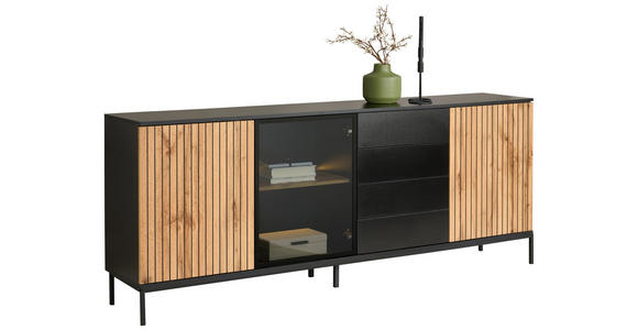 SIDEBOARD  in 205,8/81/38 cm  - Eiche Wotan/Schwarz, KONVENTIONELL, Glas/Holzwerkstoff (205,8/81/38cm) - Xora