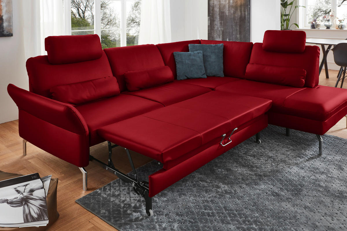 ECKSOFA in Echtleder Rot  284/220 cm  - Rot/Alufarben, KONVENTIONELL, Leder/Metall (284/220cm) - Beldomo Premium
