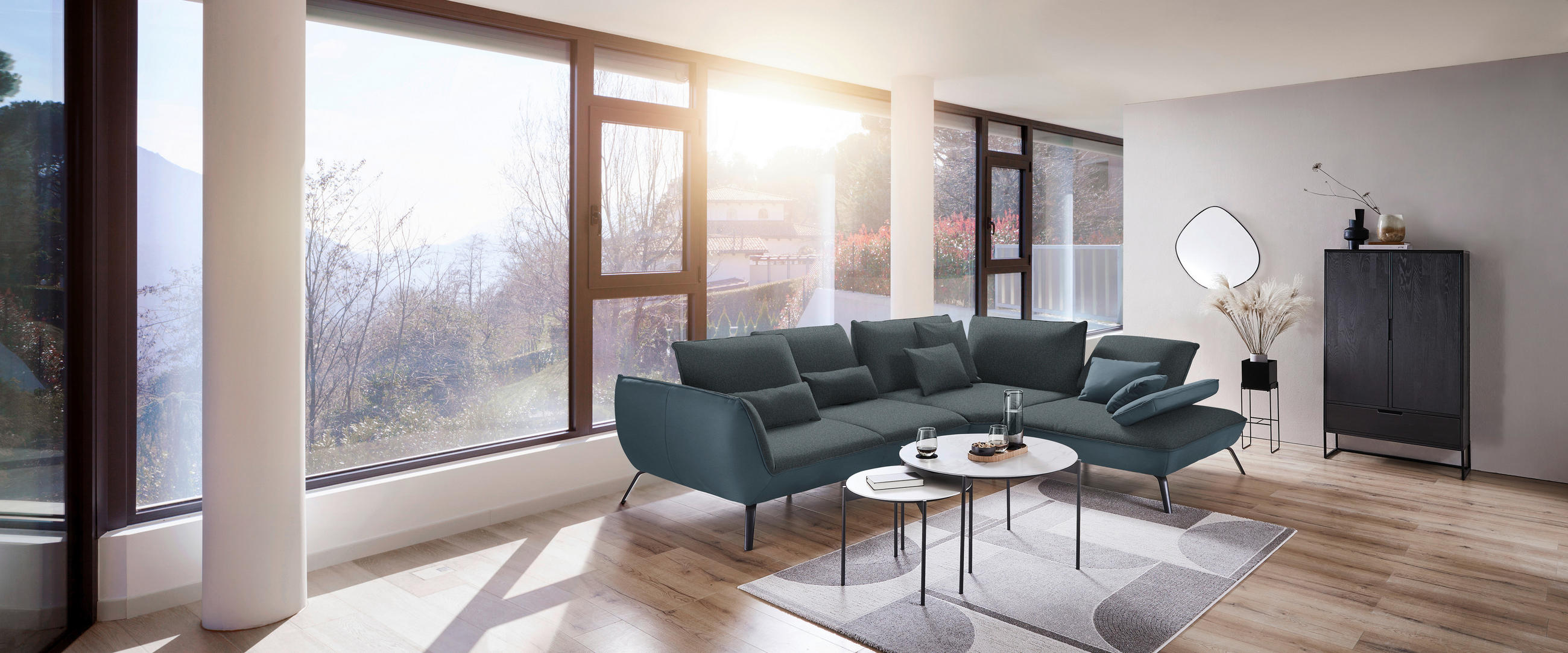 ECKSOFA in Flachgewebe Blaugrau  - Blaugrau/Schwarz, Design, Textil/Metall (310/250cm) - Moderano