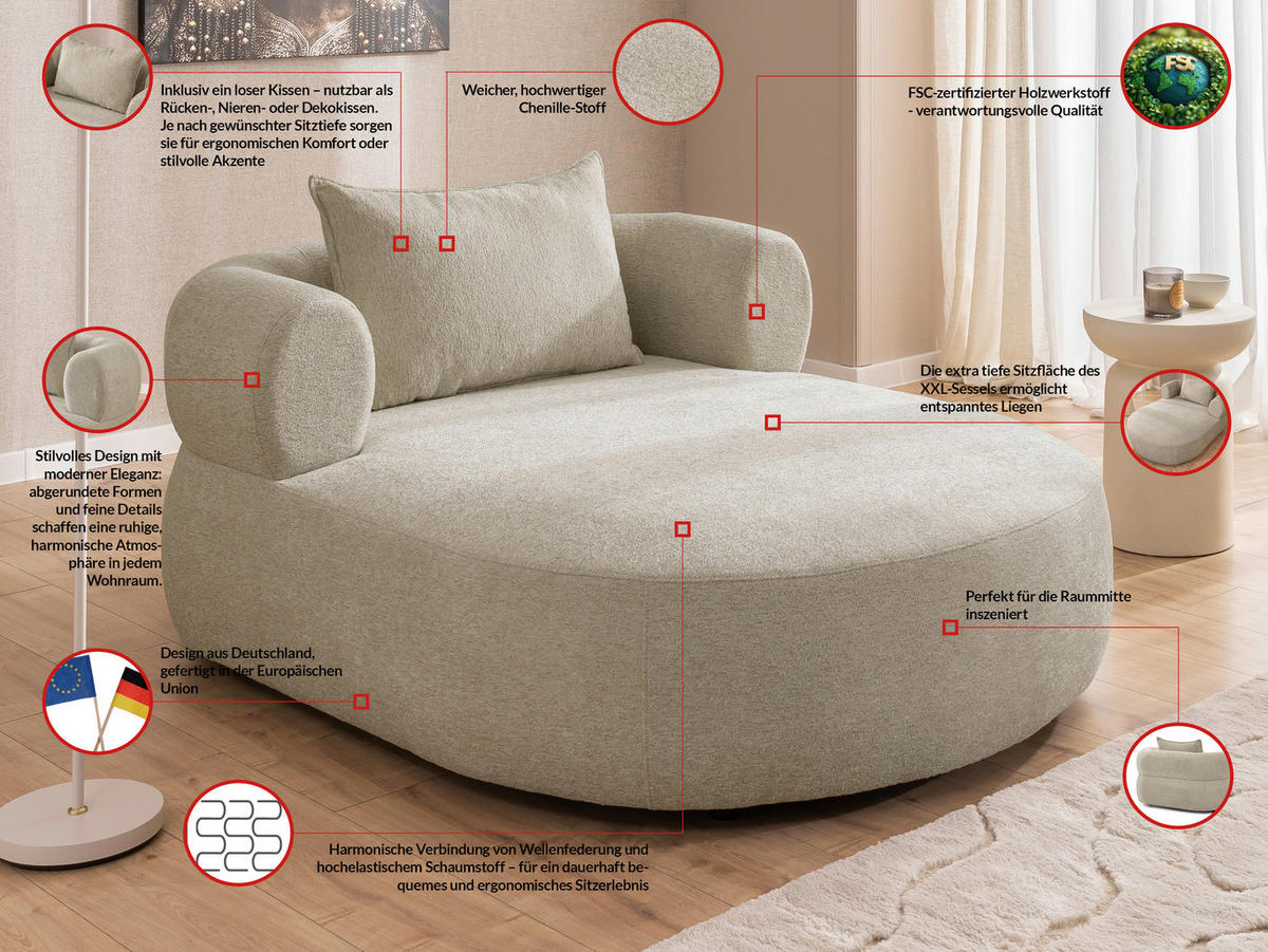 XXL-SESSEL Chenille Beige    - Beige/Schwarz, Design, Kunststoff/Textil (122/76/156cm) - Livetastic