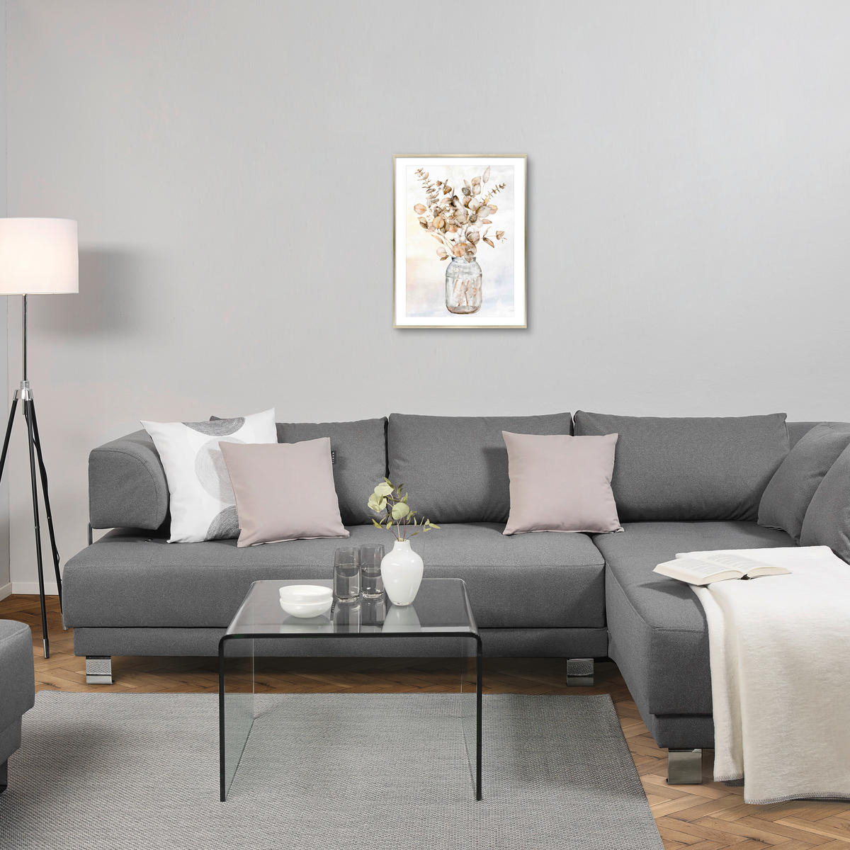 UMELECKÁ TLAČ, kvety, 50/70 cm  - biela/farba borovice, Trend, textil/plast (50/70cm) - Monee