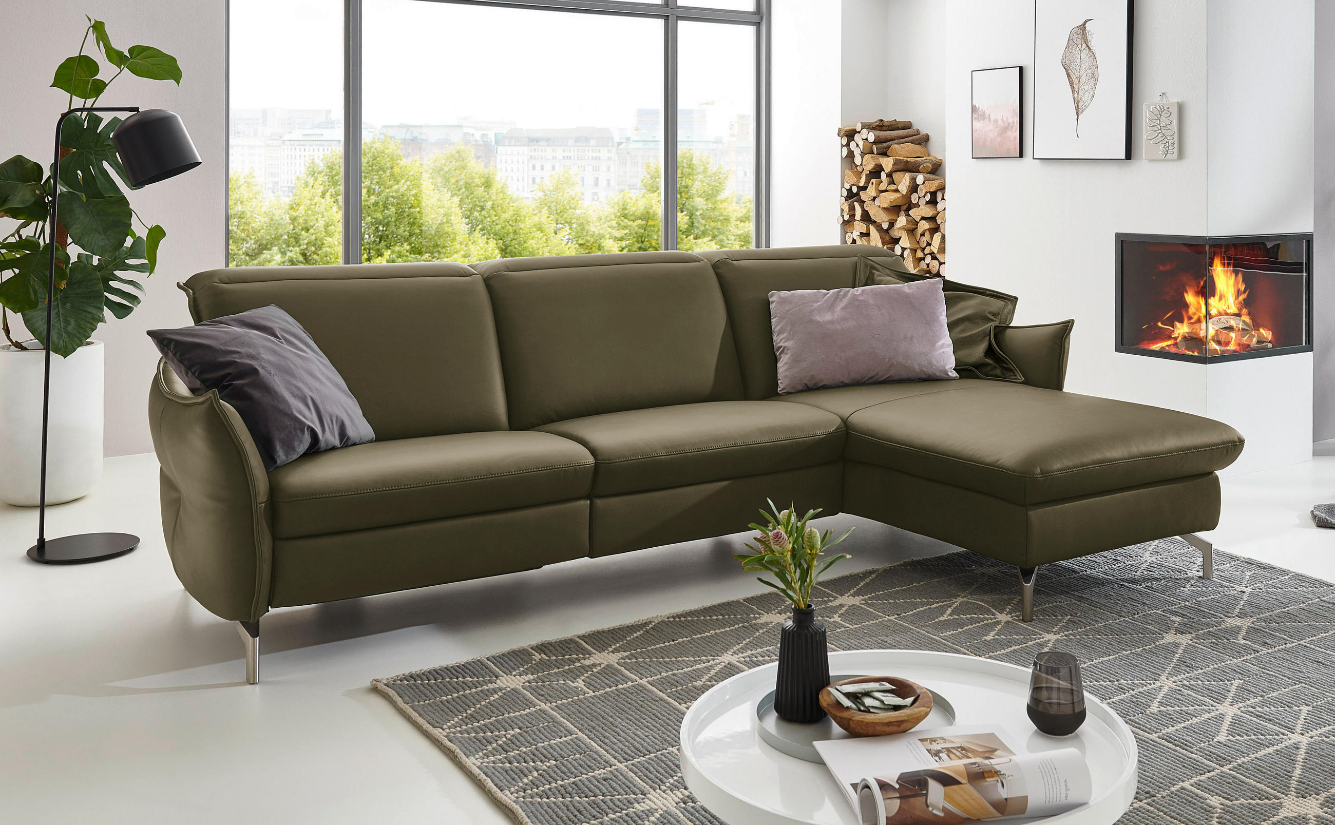 ECKSOFA in Echtleder Olivgrün - Olivgrün/Nickelfarben, Modern, Leder/Metall (233/179cm) - Livetastic