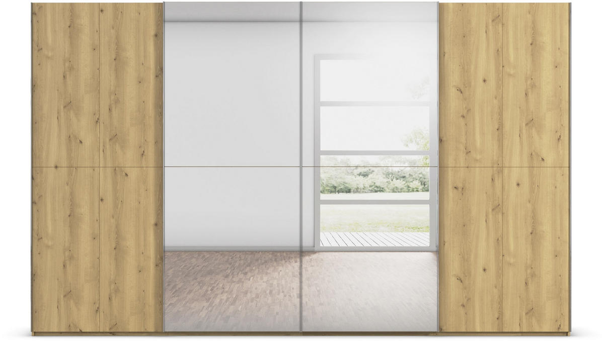 SCHWEBETÜRENSCHRANK 360/223/68 cm 4-türig Eichefarben  - Chromfarben/Eichefarben, Design, Holz/Holzwerkstoff (360/223/68cm) - Novel