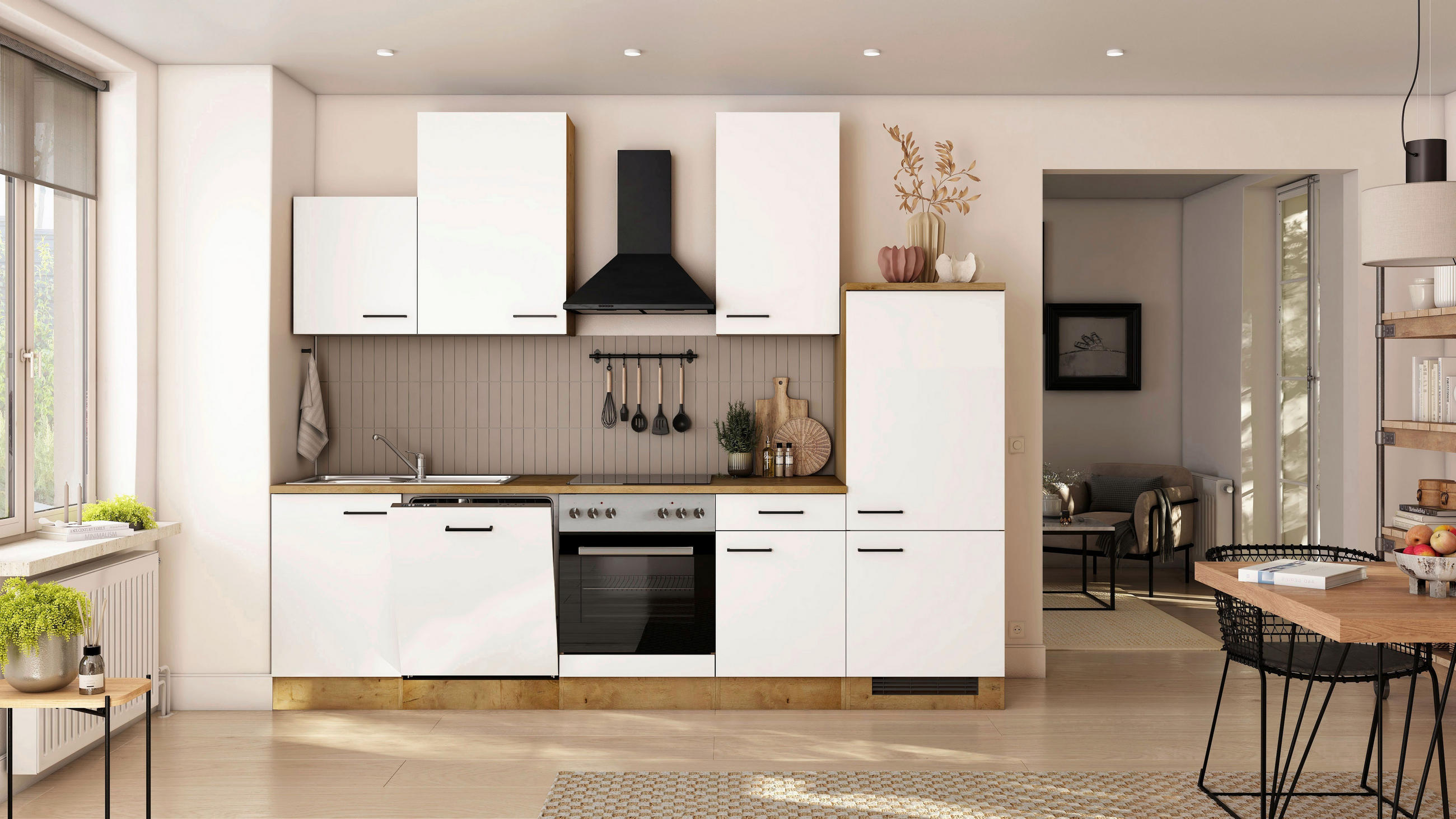 KÜCHENBLOCK 280 cm  in Eichefarben, Magnolie  - Eichefarben/Magnolie, Trend, Holzwerkstoff/Metall (280cm) - FlexWell