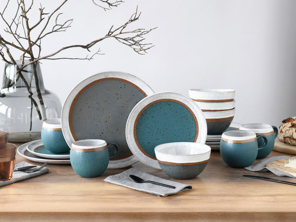 KOMBISERVICE Grau, Türkis, Weiß, Cognac Fjord Bunt 16-teilig 4 Personen  - Türkis/Cognac, Basics, Keramik - Creatable