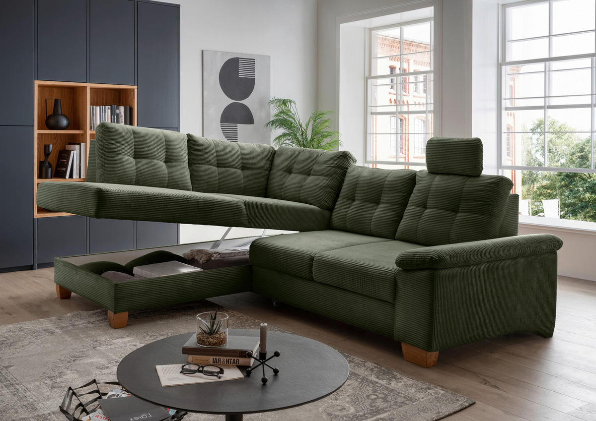 ECKSOFA in Cord Dunkelgrün  - Dunkelgrün/Naturfarben, Modern, Holz/Textil (206/274cm) - Livetastic