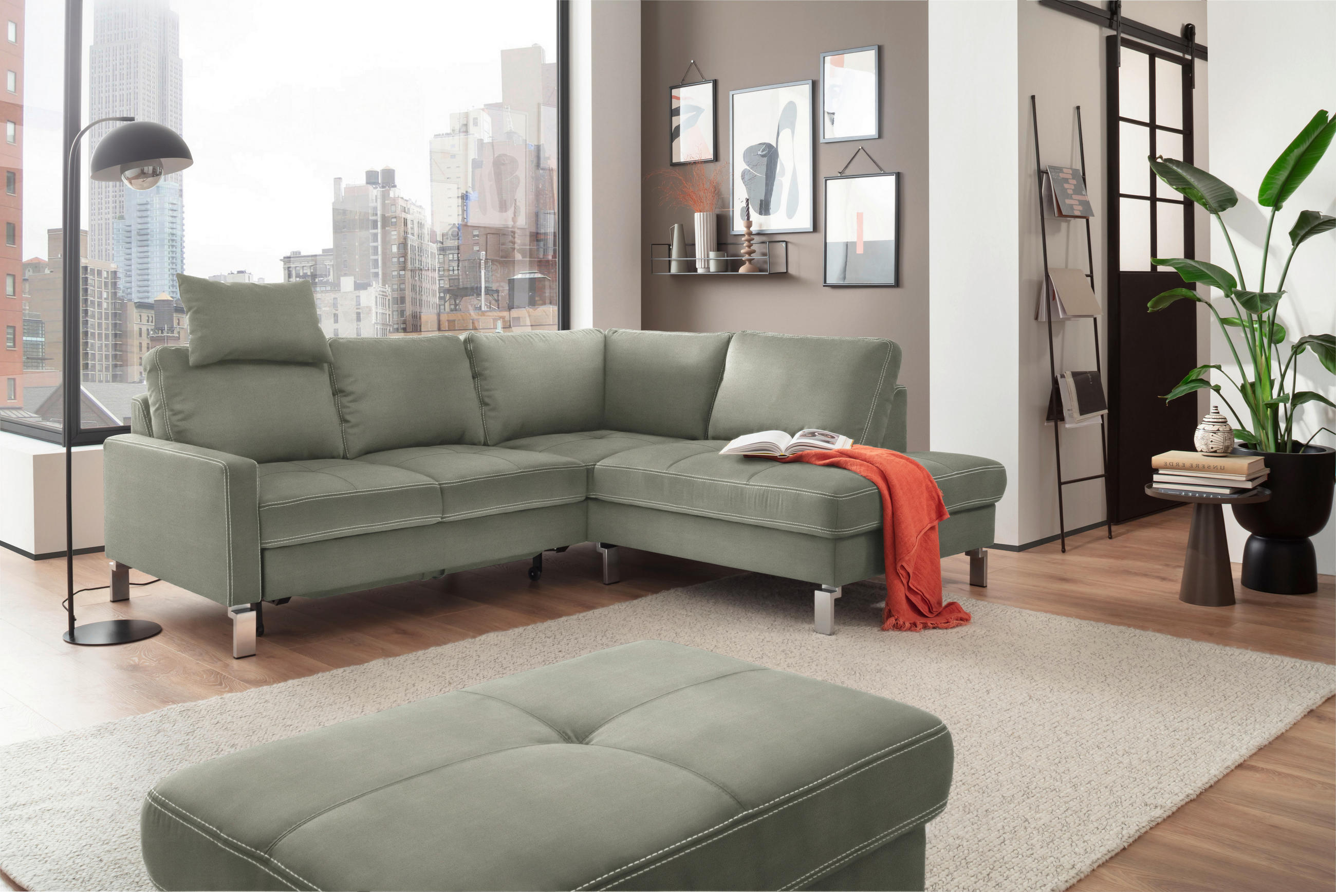 ECKSOFA in Mikrofaser Grau, Grün  - Chromfarben/Beige, Design, Textil/Metall (229/200cm) - Pure Home Lifestyle