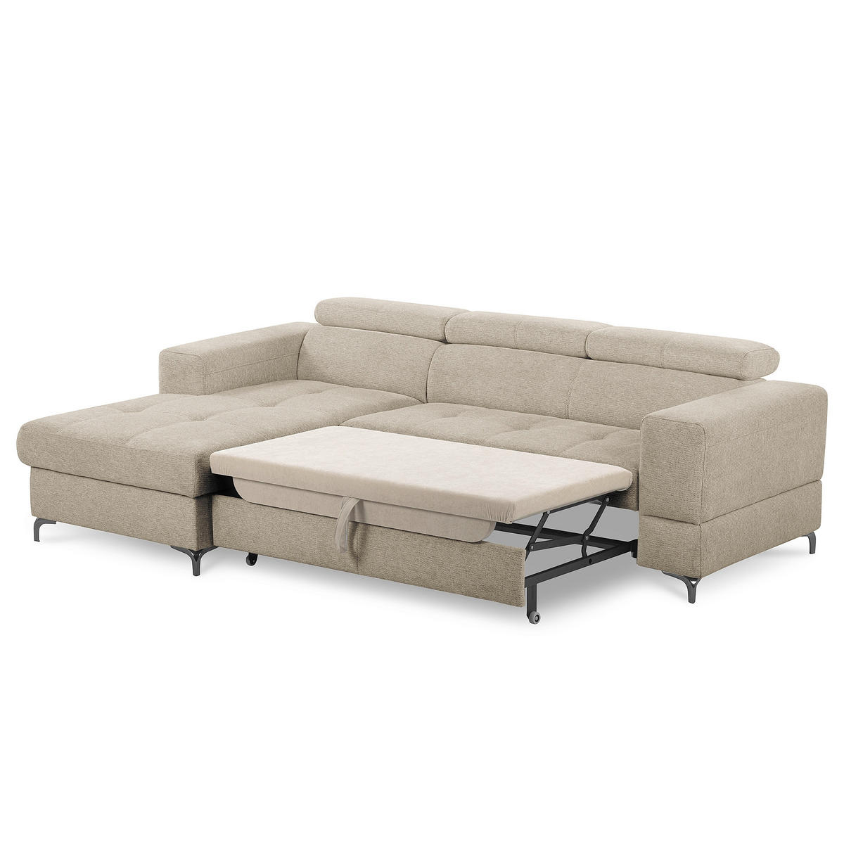 ECKSOFA TORINO Taupe Chenille Bettkasten, Kopfteilverstellung  - Taupe/Schwarzchrom, Design, Textil/Metall (173/247cm) - Livetastic