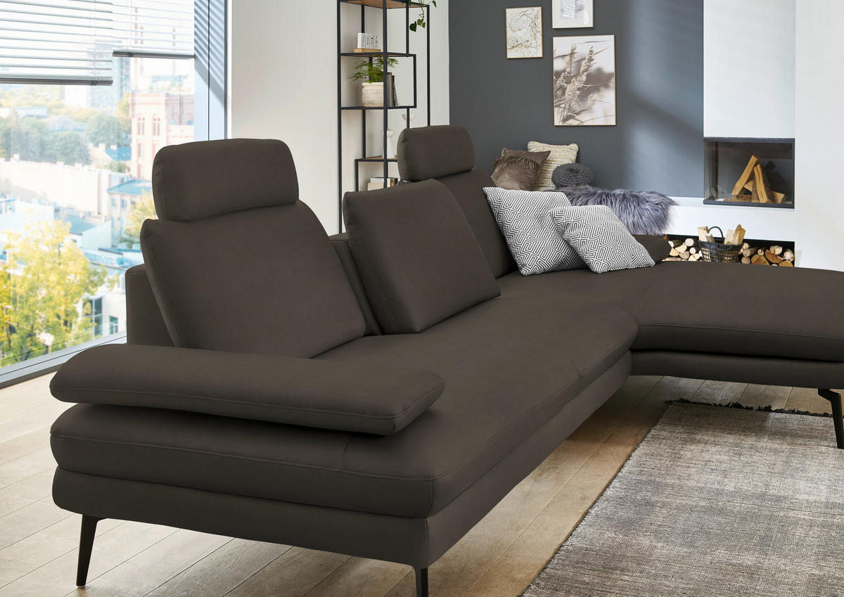 ECKSOFA in Echtleder Graubraun  - Graubraun/Schwarz, Design, Leder/Metall (310/180cm) - Dieter Knoll