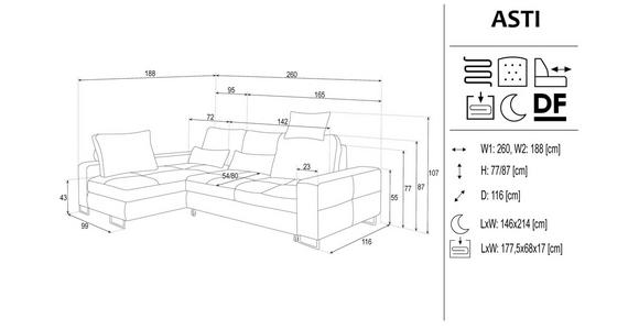 ECKSOFA Dunkelgrau Flachgewebe  - Dunkelgrau, Design, Textil/Metall (188/260cm) - Hom`in