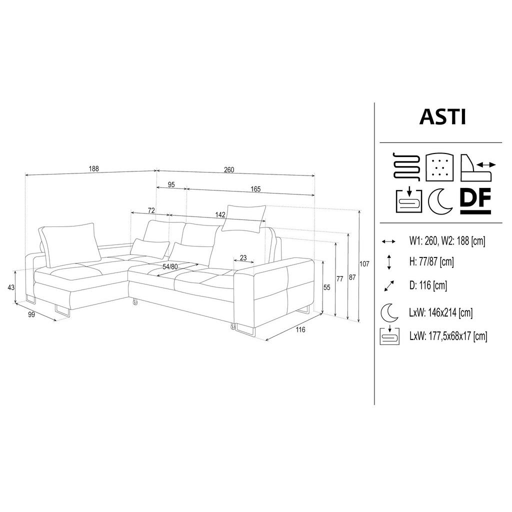 Thumbnail - Hom`in Ecksofa, Schwarz, Textil, 4-Sitzer, Füllung: Schaumstoff, Ottomane links, 260x188 cm, Stoffauswahl, seitenverkehr...