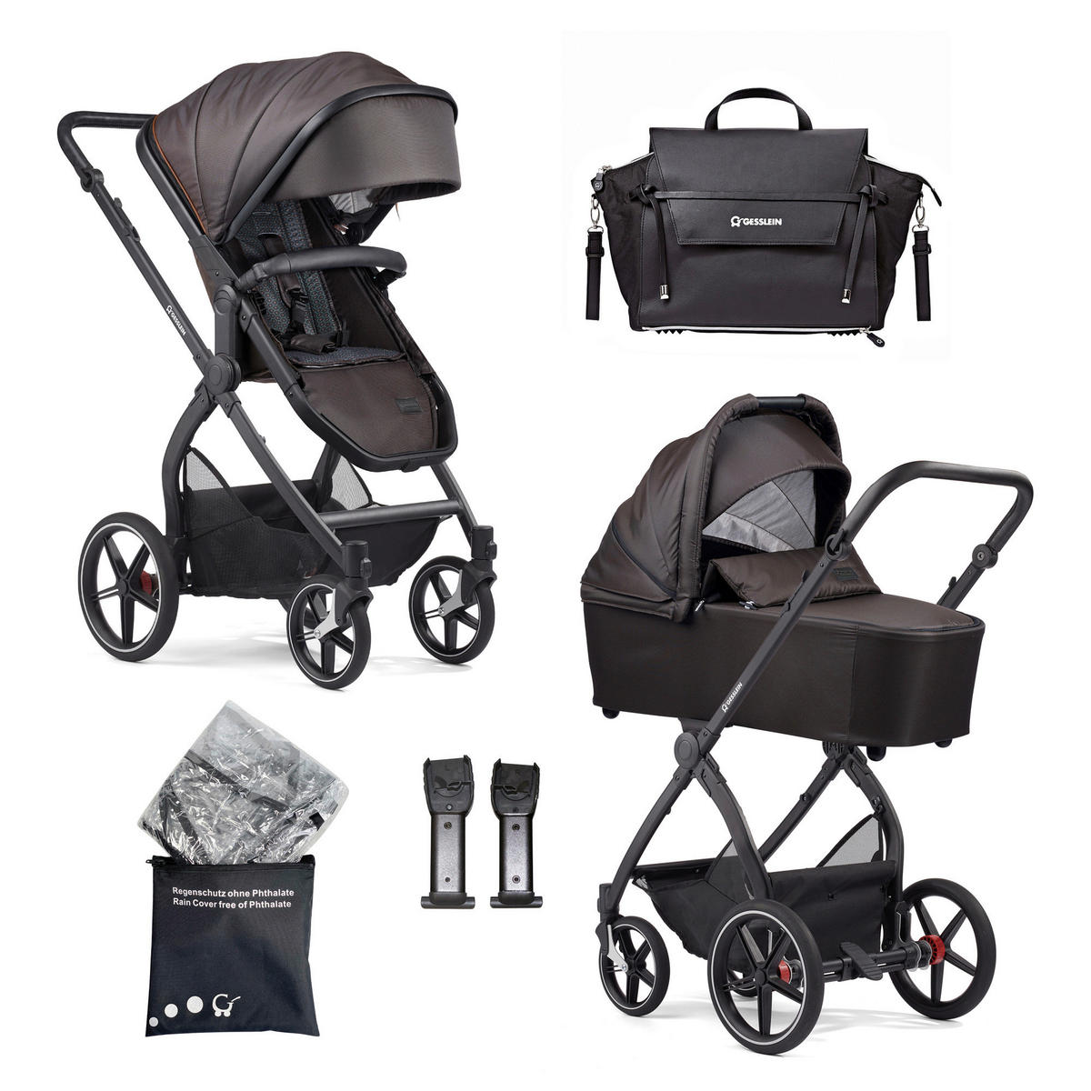 KINDERWAGENSET FX4 Life  - Dunkelbraun/Schwarz, Basics, Textil/Metall (57/129/100cm) - Gesslein