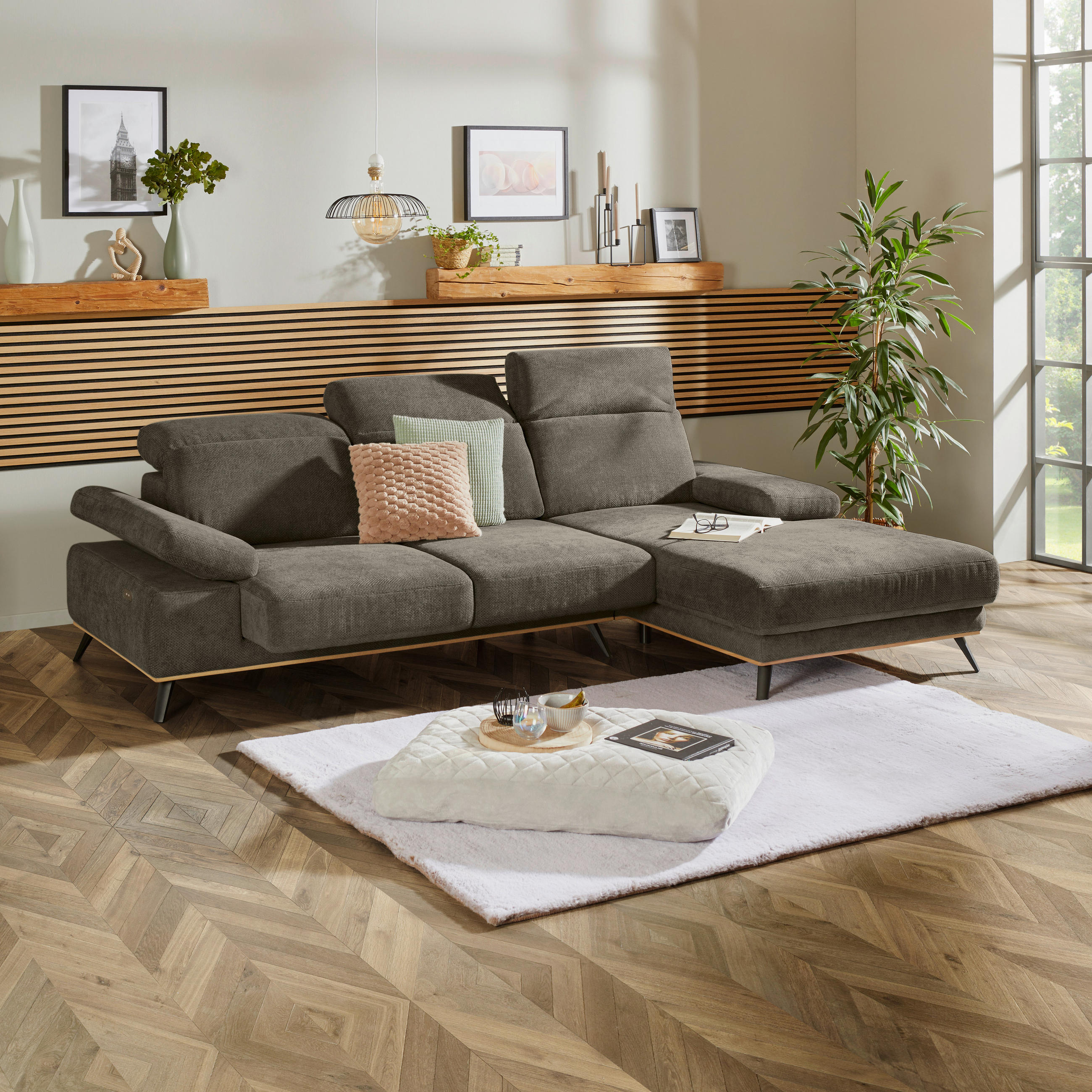 ECKSOFA in Struktur Olivgrün  - Schwarz/Olivgrün, Modern, Textil/Metall (283/194cm) - MID.YOU