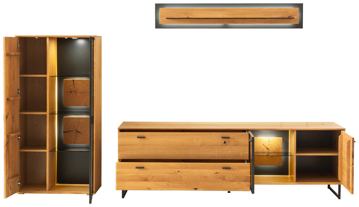 WOHNWAND  in Wildeiche 306/188/50 cm  - Wildeiche/Schwarz, Design, Glas/Holz (306/188/50cm) - MID.YOU