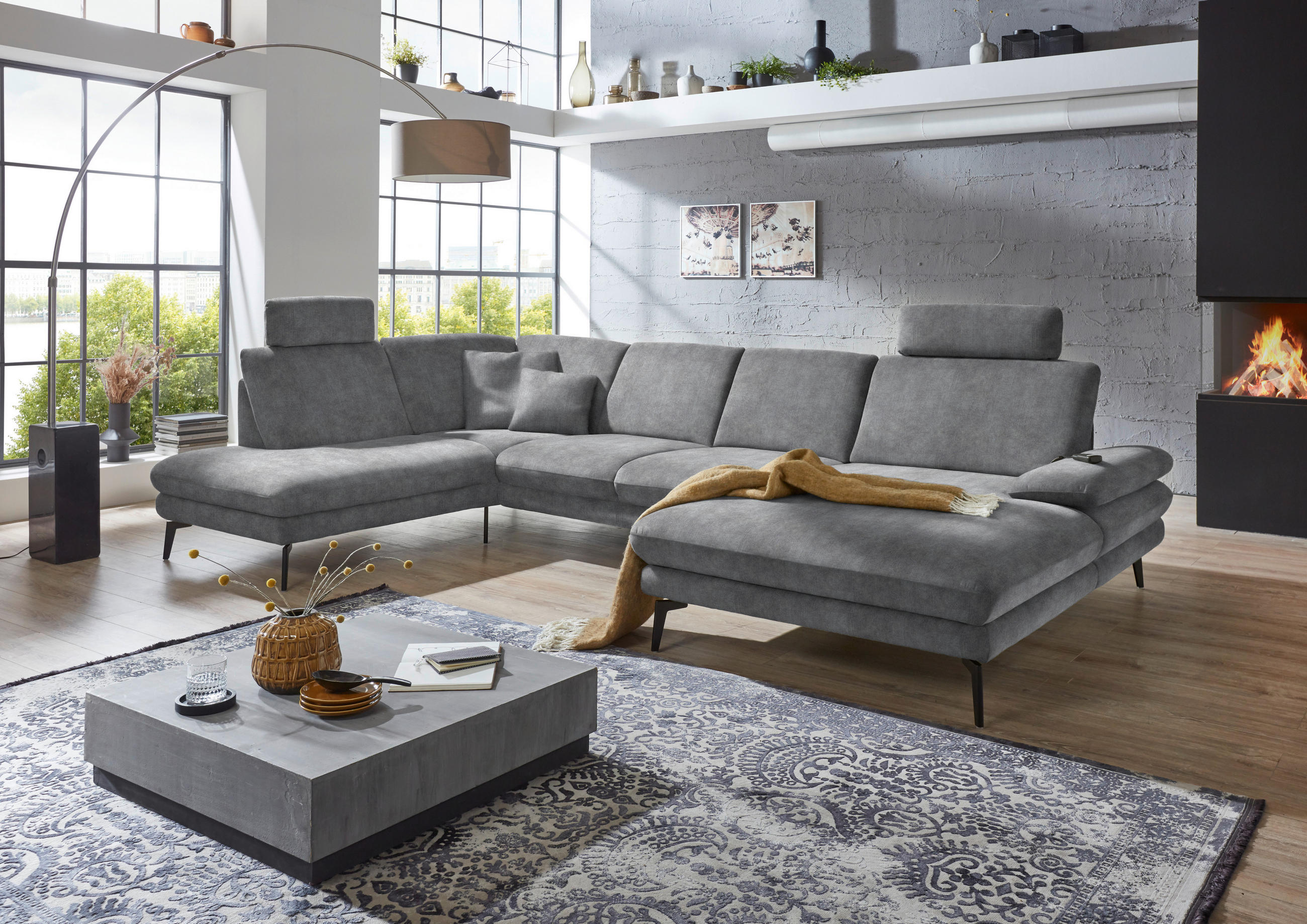 WOHNLANDSCHAFT in Velours Silberfarben  - Silberfarben/Schwarz, Design, Textil/Metall (208/344/180cm) - Dieter Knoll