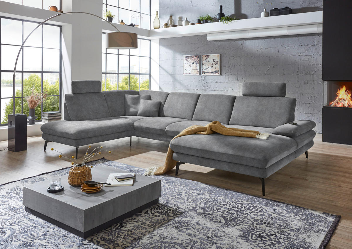 WOHNLANDSCHAFT in Velours Silberfarben  - Silberfarben/Schwarz, Design, Textil/Metall (208/344/180cm) - Dieter Knoll