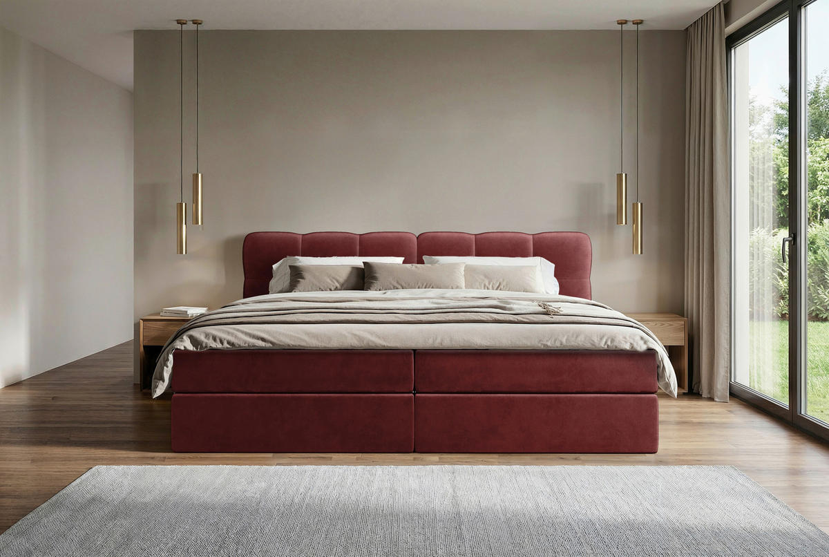 BOXBETT 240/200 cm,  in Bordeaux, Matratze, Bettkasten, Topper, H3 = fest  - Bordeaux/Schwarz, KONVENTIONELL, Kunststoff/Textil (240/200cm) - Chameo