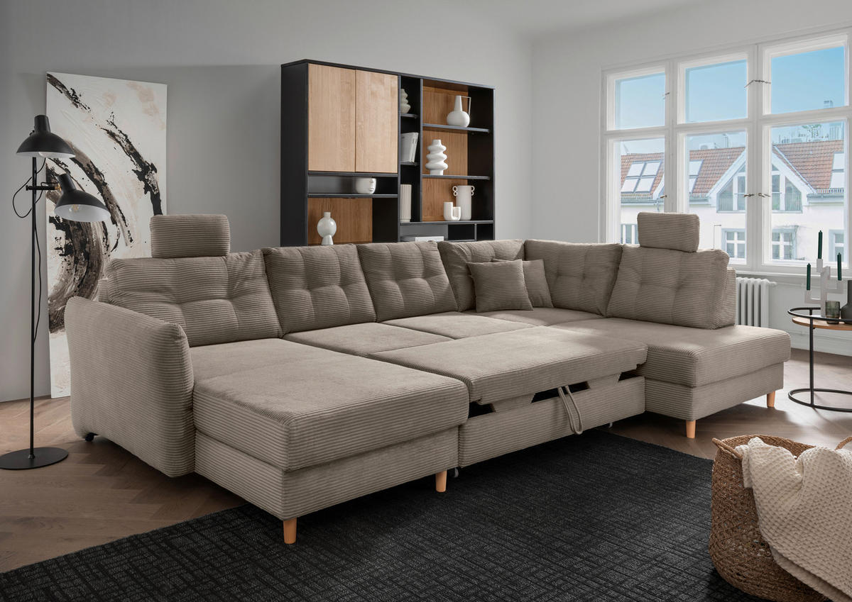 WOHNLANDSCHAFT in Cord Graubraun  - Graubraun/Naturfarben, Modern, Holz/Textil (176/338-352/206cm) - Livetastic