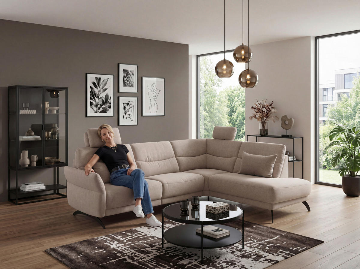 ECKSOFA Sandfarben Webstoff  - Sandfarben/Schwarz, KONVENTIONELL, Textil/Metall (263/201cm) - Pure Home Comfort
