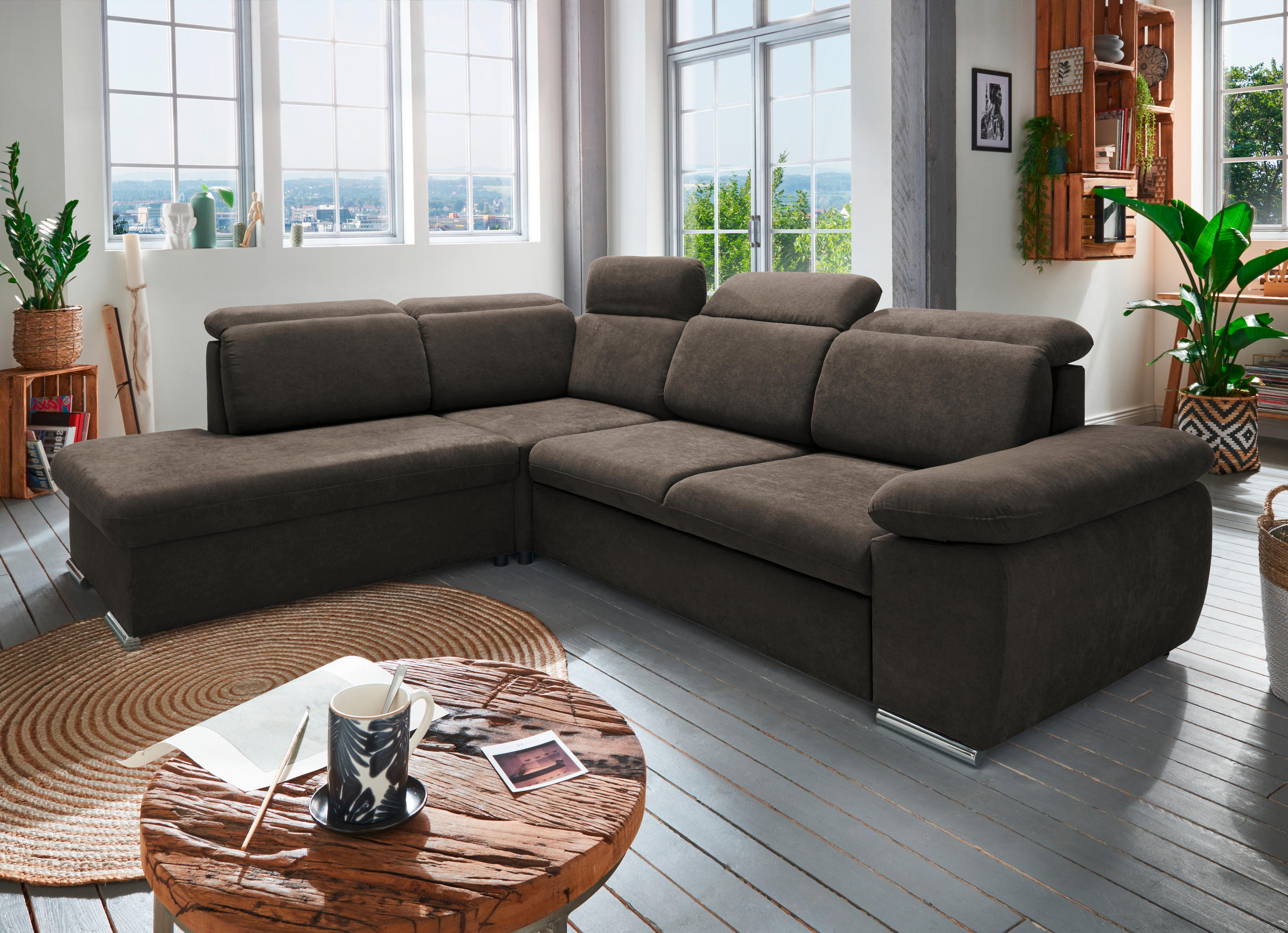 ECKSOFA in Mikrofaser Dunkelbraun  - Chromfarben/Dunkelbraun, Design, Textil/Metall (228/283cm) - Livetastic