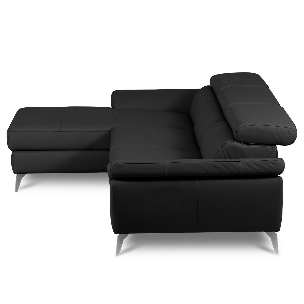 ECKSOFA SONO Schwarz Echtleder Lederlook Armteilverstellung, Kopfteilverstellung  - Chromfarben/Schwarz, Design, Leder/Textil (179/252cm) - Livetastic