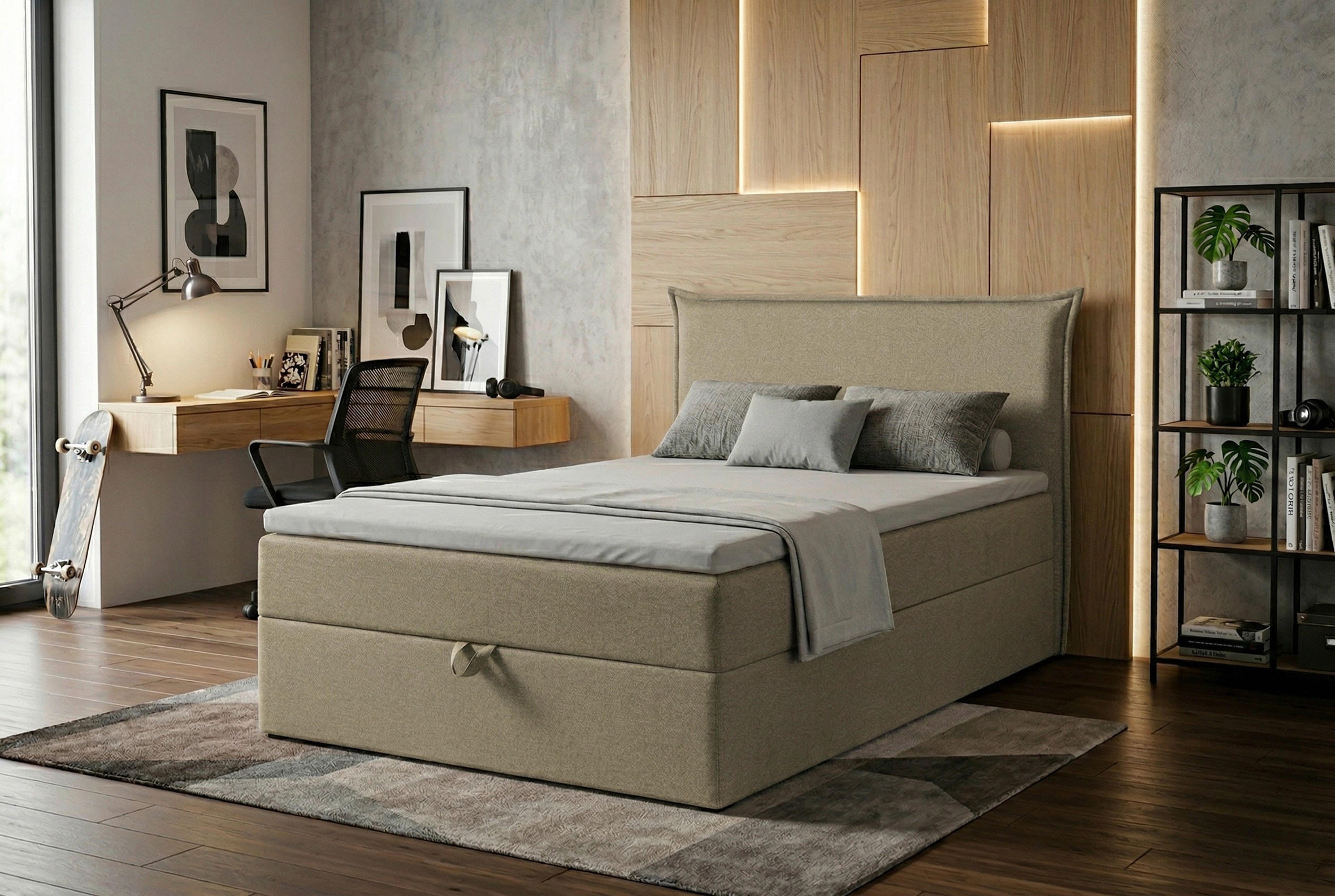 BOXBETT 120/200 cm,  in Beige, H3 = fest  - Beige/Schwarz, MODERN, Kunststoff/Textil (120/200cm) - MID.YOU