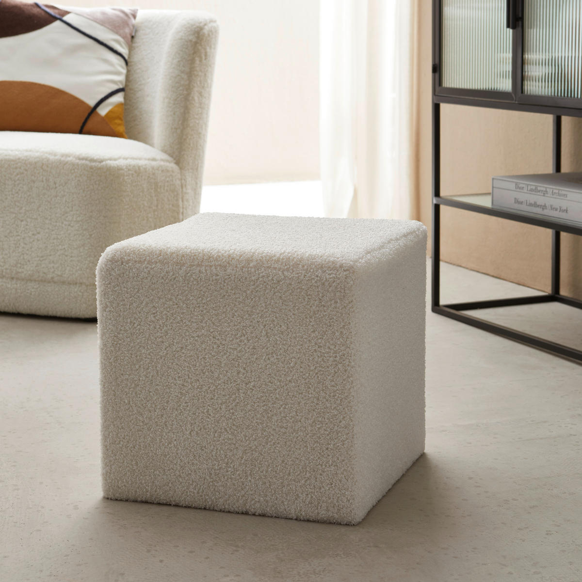 HOCKER Fleece, Bouclé, Teddystoff Weiß  - Schwarz/Weiß, MODERN, Kunststoff/Textil (40/40/40cm) - Novel