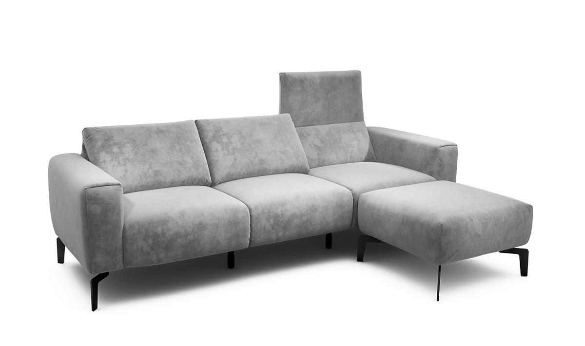 Dreisitzer inkl. Hocker Samt Hellgrau  - Hellgrau/Schwarz, Design, Textil/Metall (250/86/86-94cm) - SENSOO