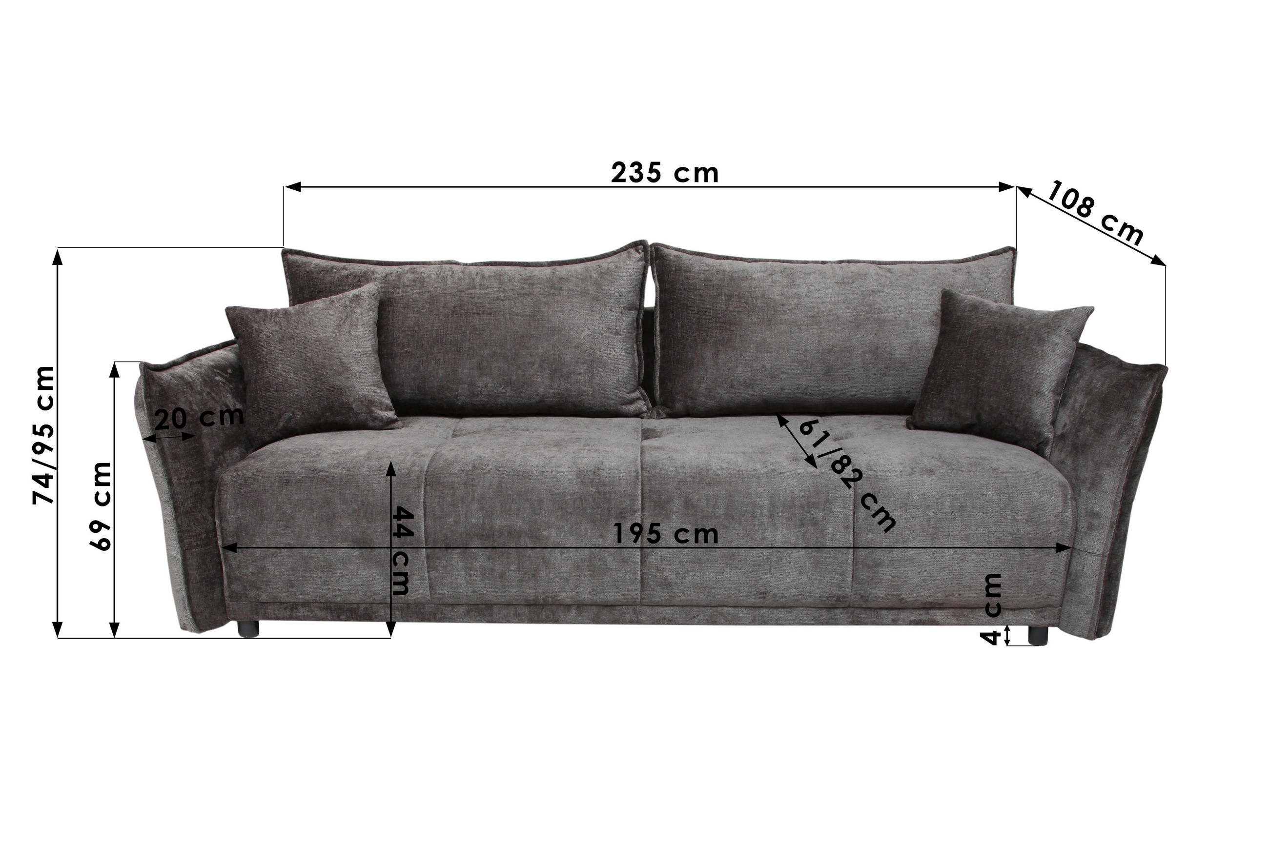Thumbnail - Hom`in Boxspringsofa, Dunkelgrau, Textil, 3-Sitzer, Füllung: Schaumstoff, 235x95x108 cm, Stoffauswahl, Liegefunktion, Sc...