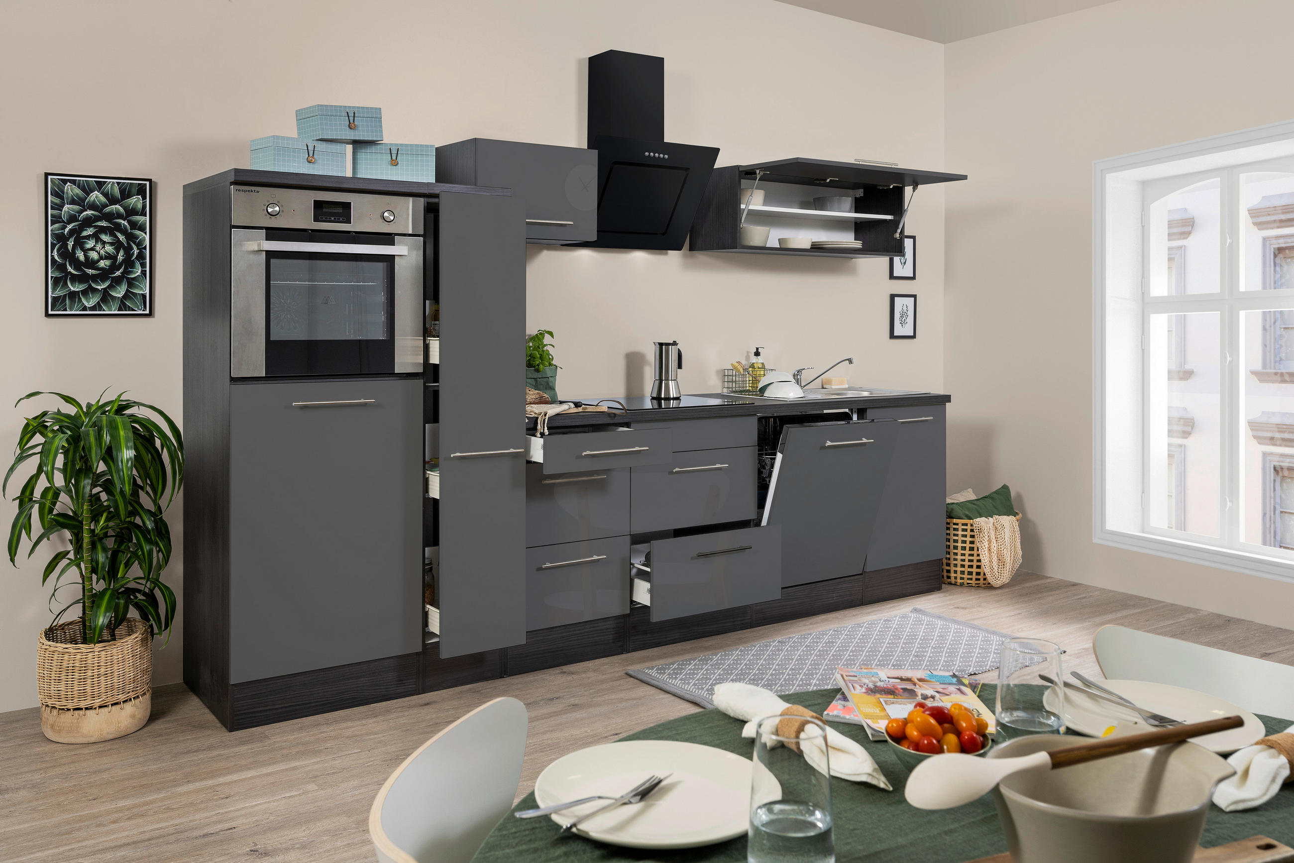 KÜCHENBLOCK 310 cm Grau, Eichefarben E-Geräte, Spüle, Soft-Close-System, Geschirrspülerblende, Ab- und Überlaufgarnitur, Herdanschlusskabel - Edelstahlfarben/Eichefarben, Basics, Metall (310cm) - Respekta