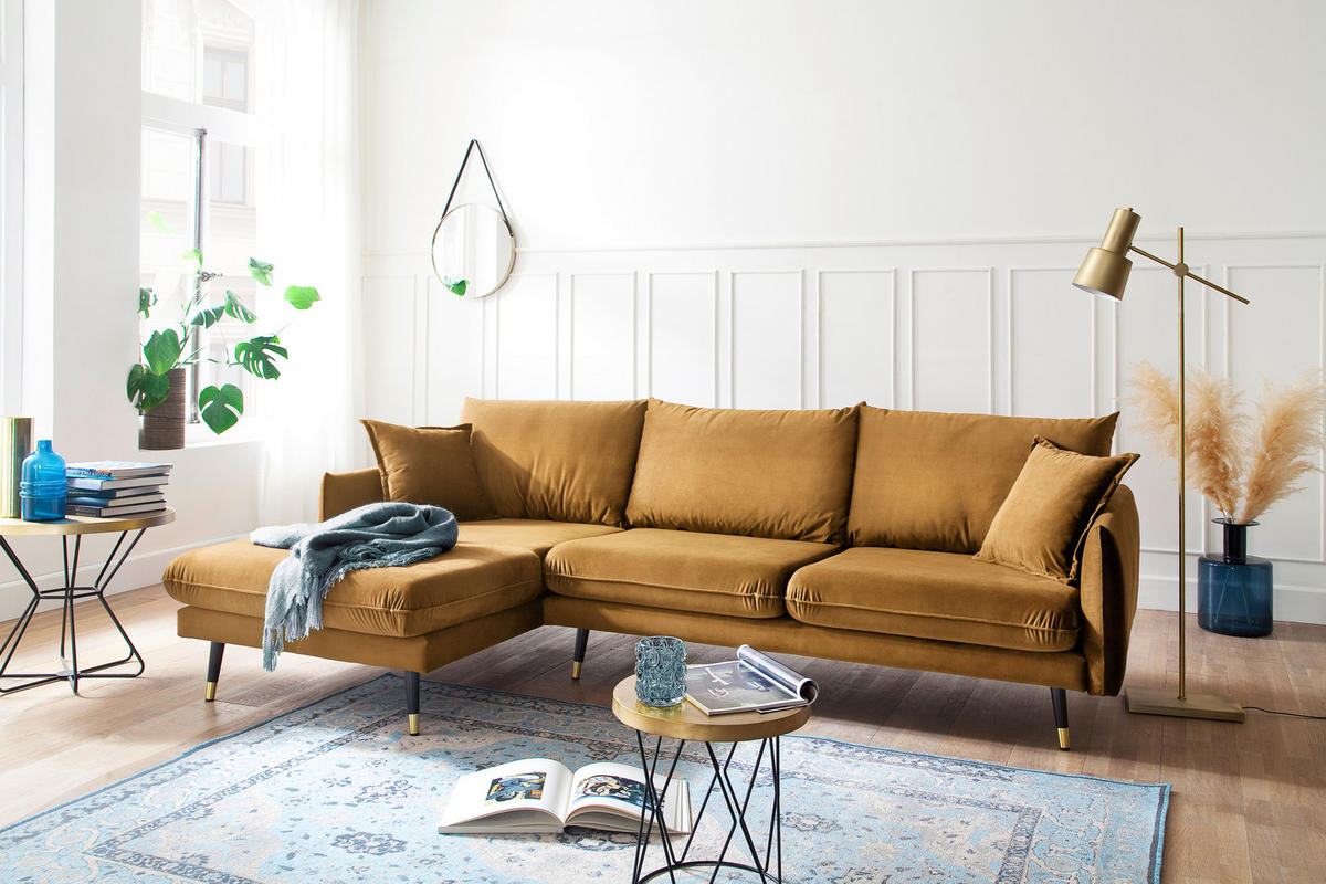 ECKSOFA Eckteil  ROSSANA-REC.2S Senfgelb Samt  - Senfgelb, MODERN, Holz/Textil (258/160cm) - MID.YOU