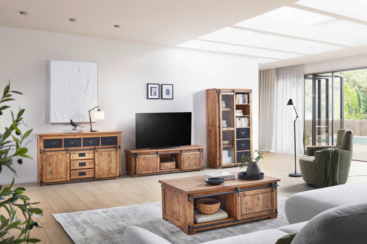 VITRINE  in massiv Mangoholz Naturfarben, Anthrazit - Anthrazit/Naturfarben, LIFESTYLE, Glas/Holz (100/175/45cm) - MID.YOU