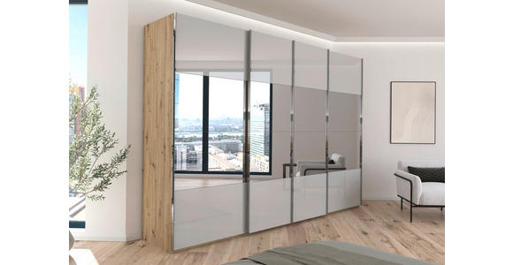 SCHWEBETÜRENSCHRANK  in Eiche Artisan, Seidengrau  - Chromfarben/Seidengrau, Design, Glas/Holzwerkstoff (316/235/68cm) - Novel