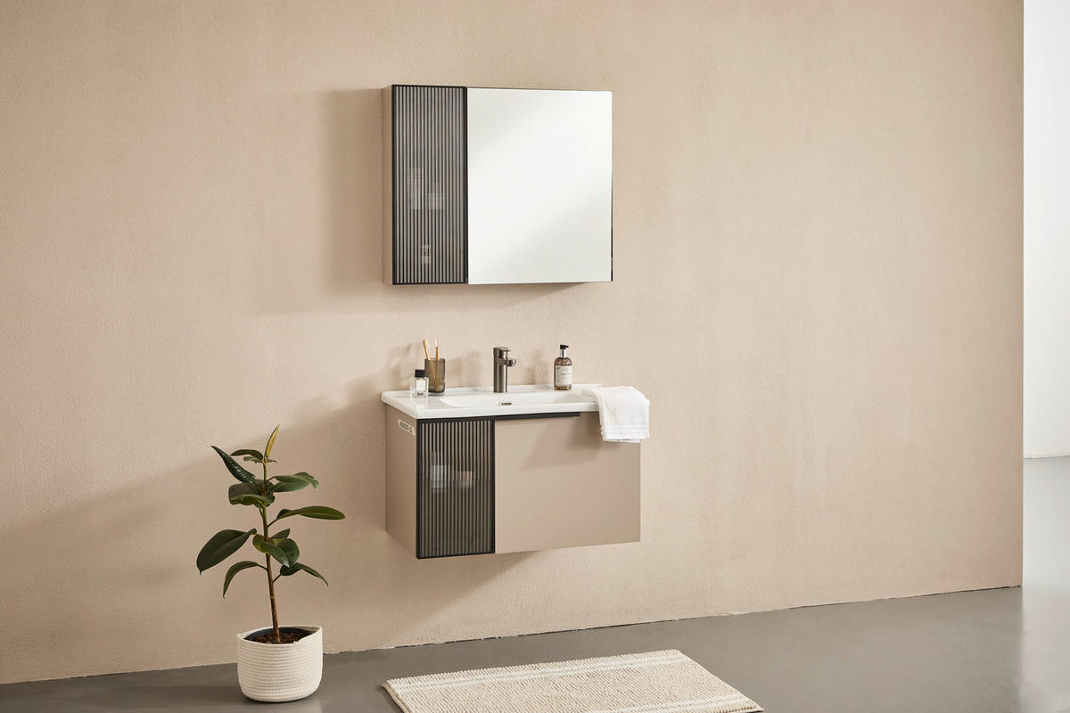 BADEZIMMER 3-teilig  in  - Weiß Hochglanz/Beige, MODERN, Glas/Holz (80/114/45cm) - MID.YOU