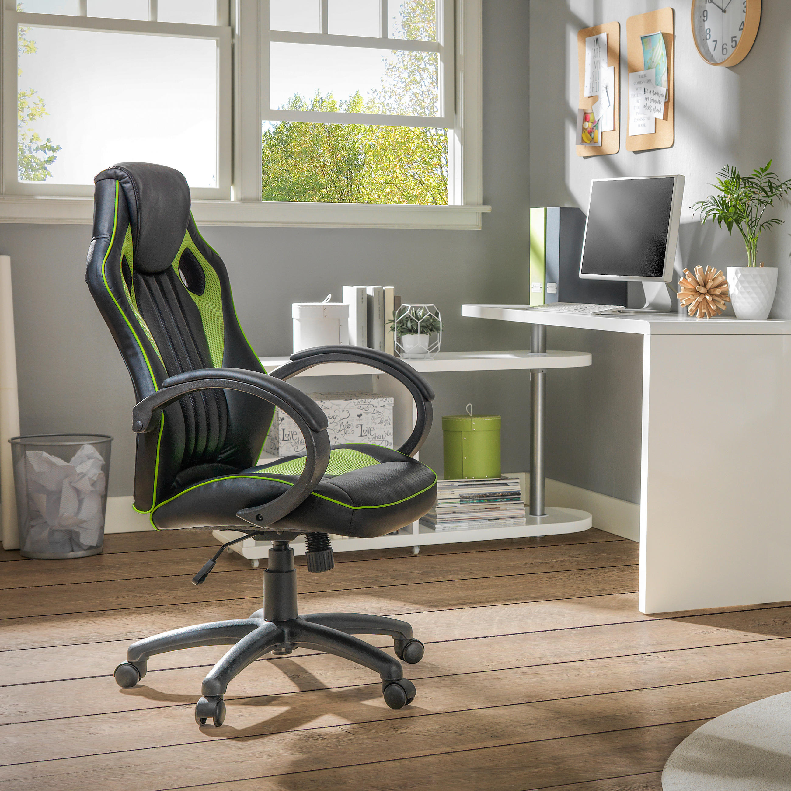 GAMINGSTUHL Lederlook, Netzbespannung Grün, Schwarz  - Schwarz/Grün, Design, Kunststoff/Textil (61,5/111-121/66cm) - Carryhome