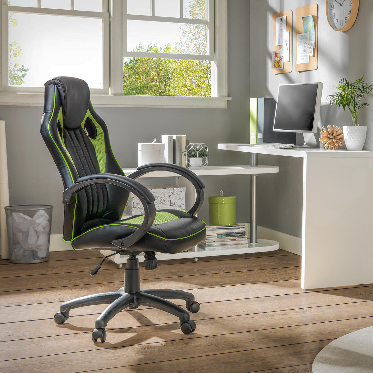 CHAISE GAMING aspect cuir, revêtement filet vert, noir  - vert/noir, Design, métal/matière synthétique (61,5/111-121/66cm) - Carryhome