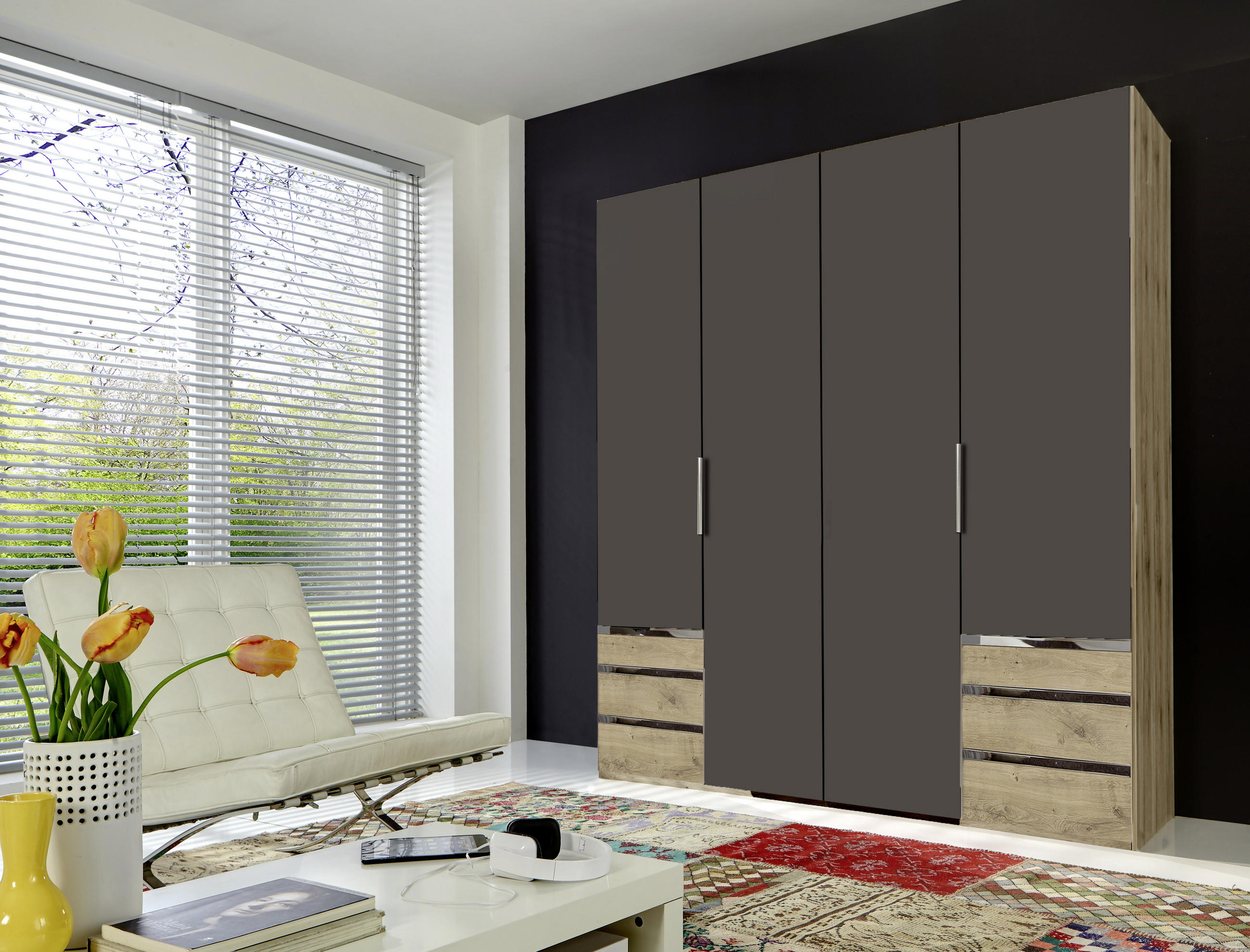 DREHTÜRENSCHRANK in Graphitfarben, Eichefarben  - Chromfarben/Eichefarben, Modern, Holzwerkstoff/Kunststoff (200/216/58cm) - MID.YOU